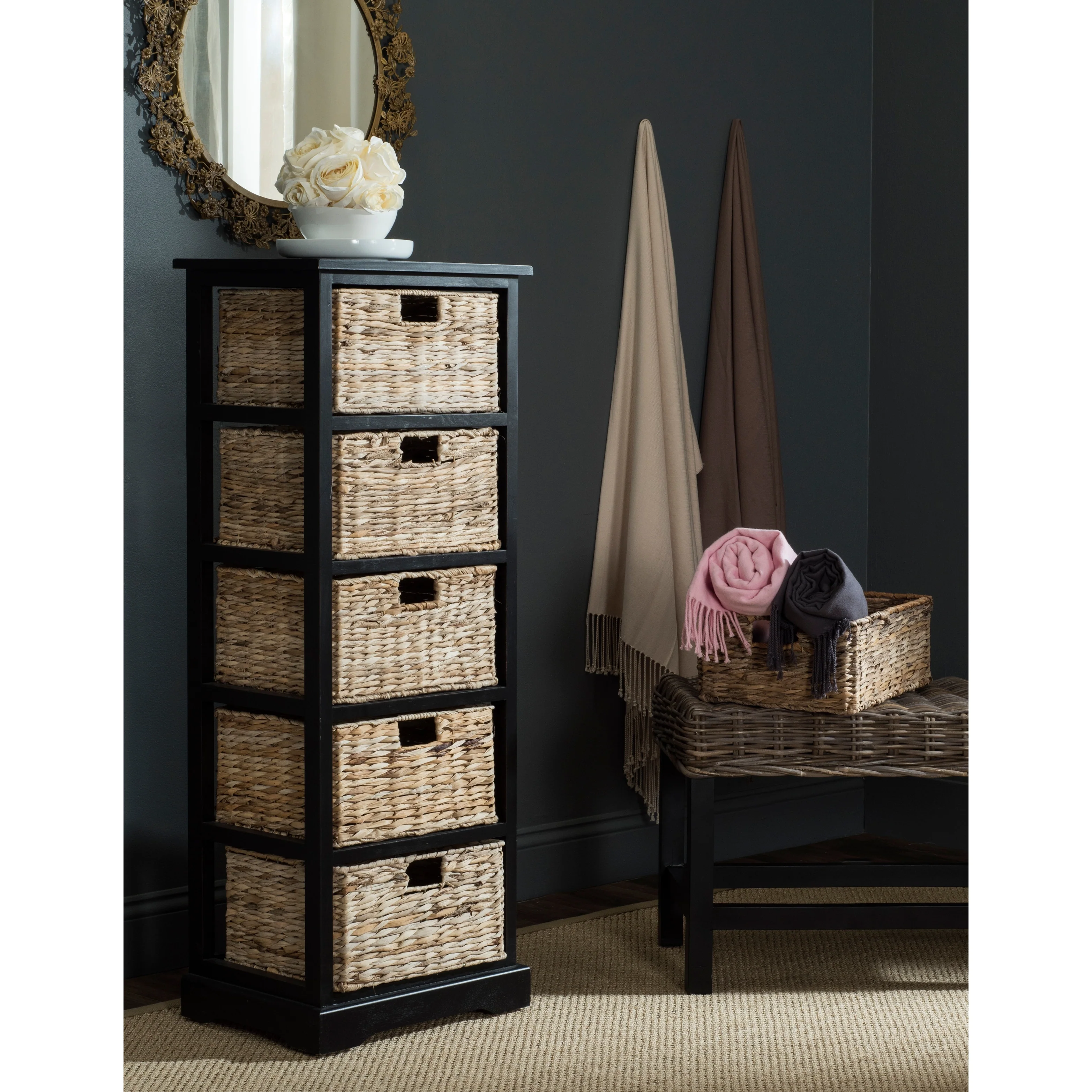 SAFAVIEH Faith Distressed Black 5-Drawer Wicker Basket Storage Tower - 17.3