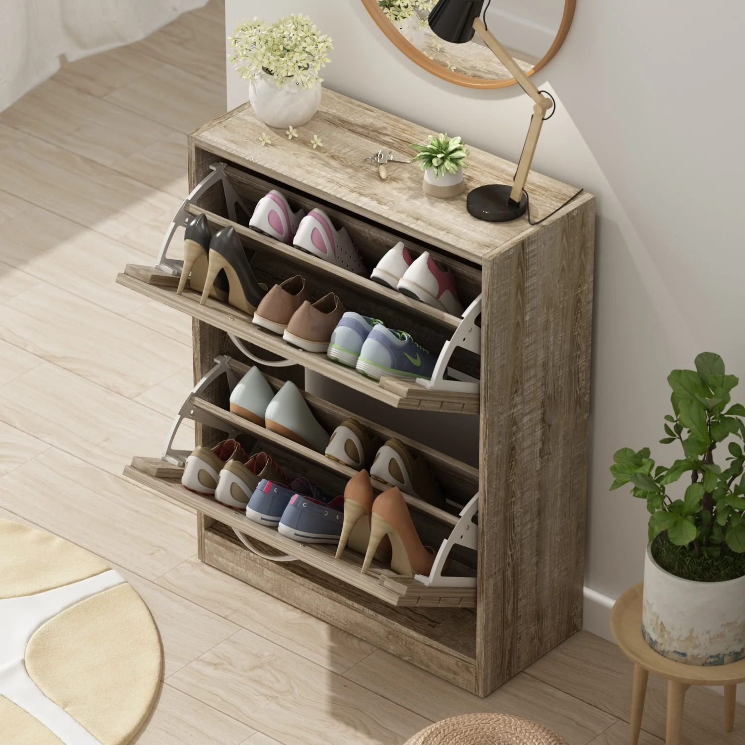 Shoe Storage Cabinet Two Drawer Space Saving Grey/Oak/White Dresser