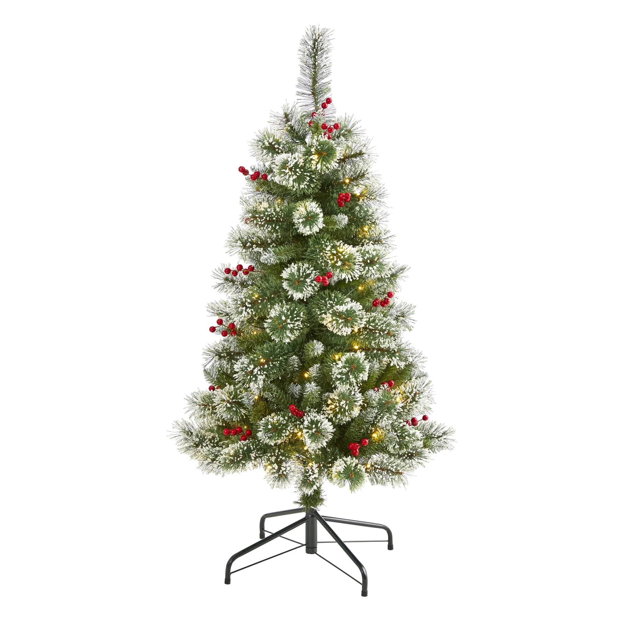 4’ Pre-Lit Frosted Swiss Pine with Berries Artificial Christmas Tree, Clear LED Lights - 4 Foot
