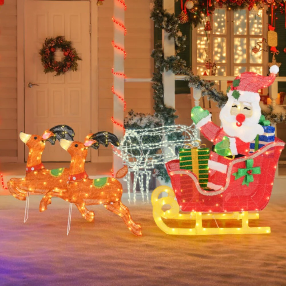Lighted Christmas Reindeer and Santa Sleigh Decoration with 239 LED Lights - Brown - 30.5