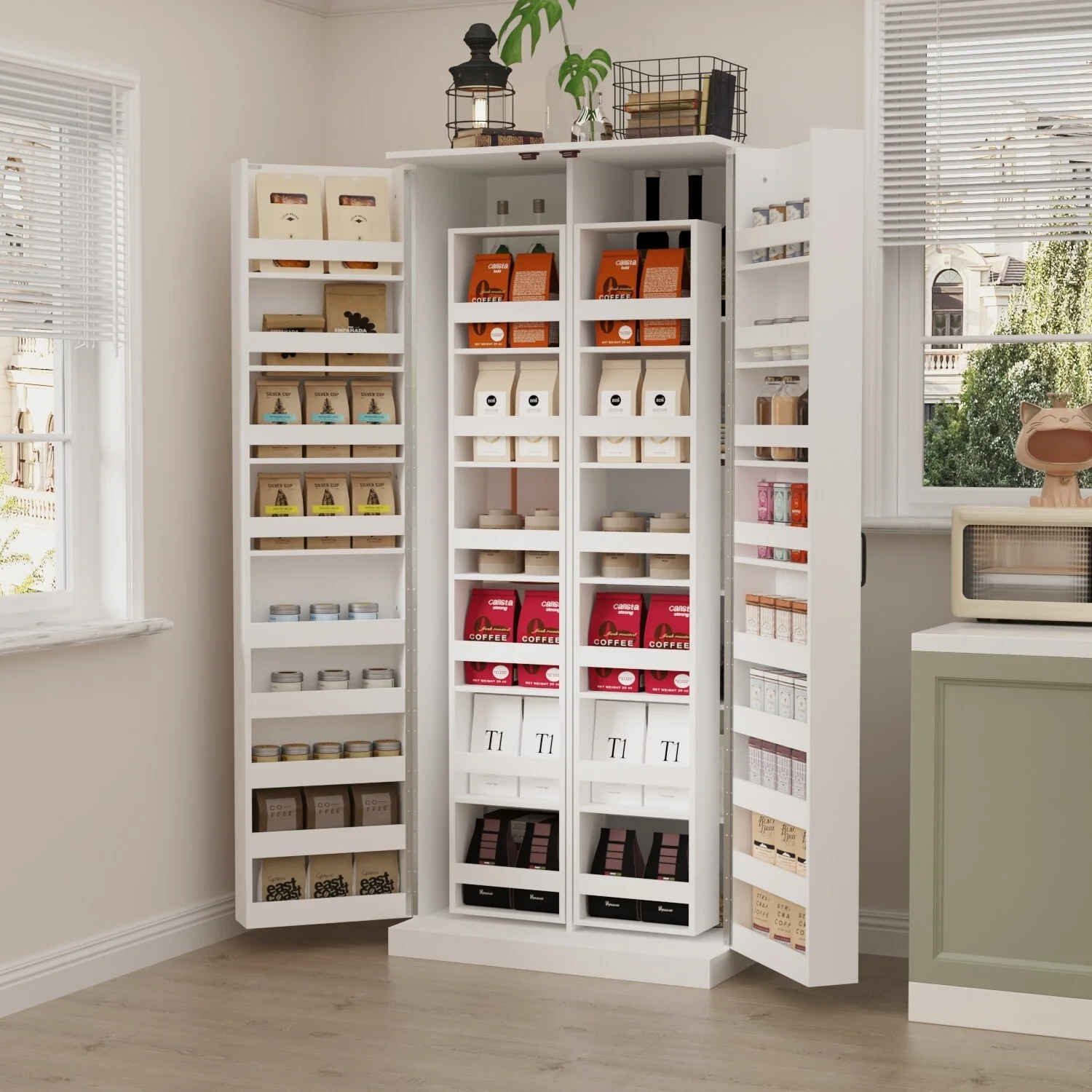 White Storage Cabinet: Kitchen Pantry, Buffet, Large 72.2