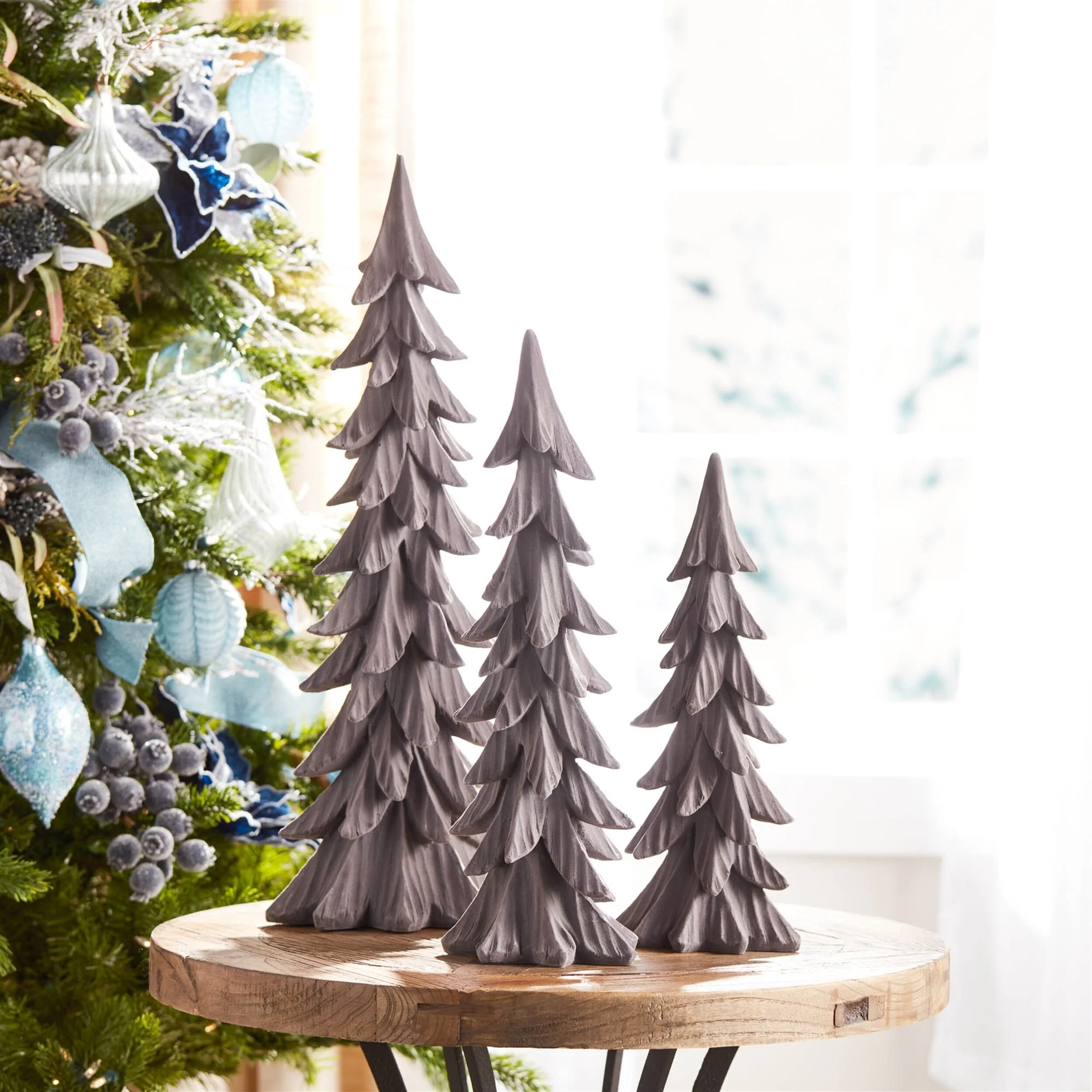 Set of 3 Velvet Resin Pine Tree Decor Modern Holiday Decoration for Mantel or Shelf Display - 6.75”L x 5”W x 17”H