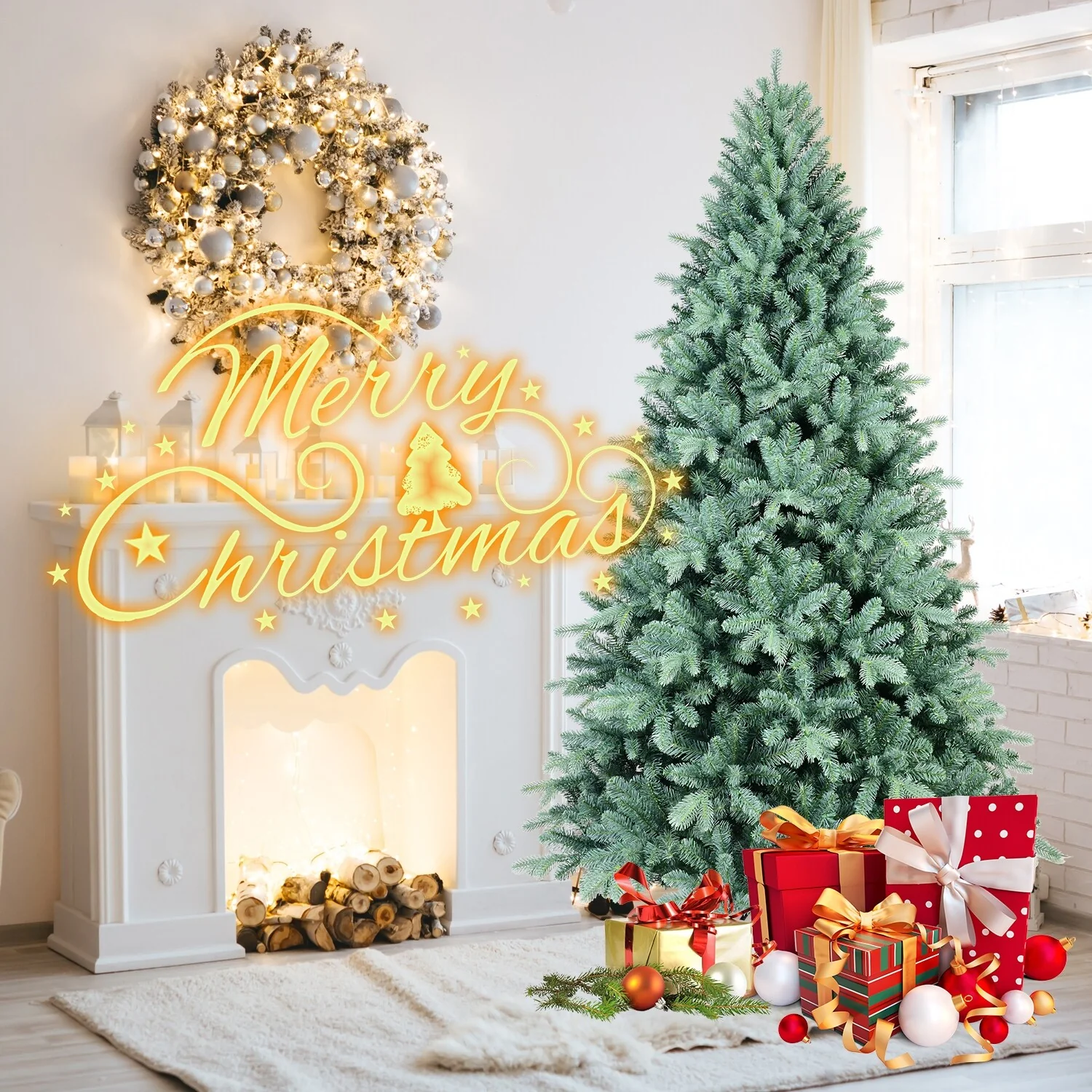 6FT Blue PE/PVC Christmas Tree-1390 Tips, Hinged Branch Design, Full Natural Look, Stable Metal Stand