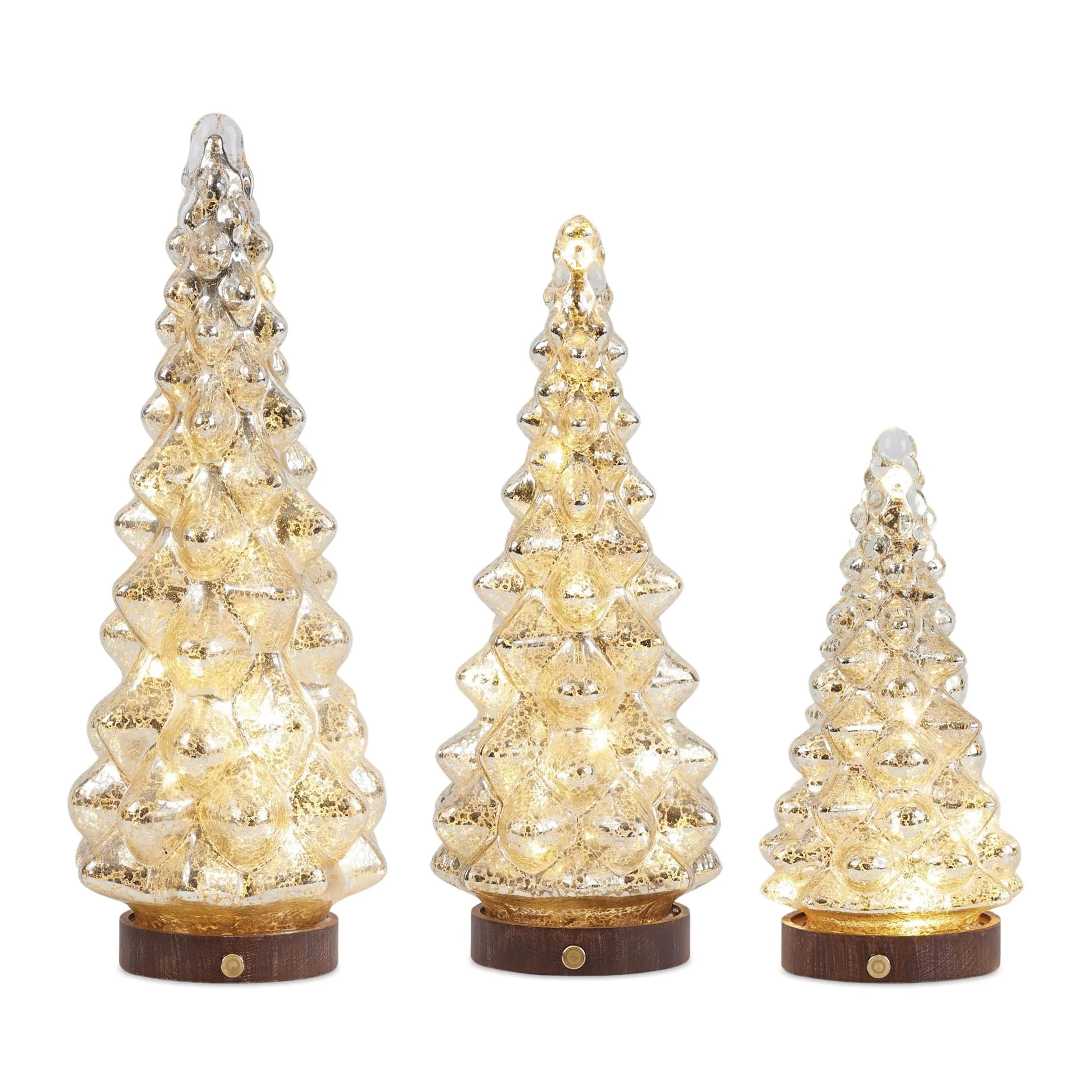 Silver Glass LED Pine Tree Set of 3 with Mercury Finish and Wood Base - 5.75” x 5.75” x 12” (L x W x H)