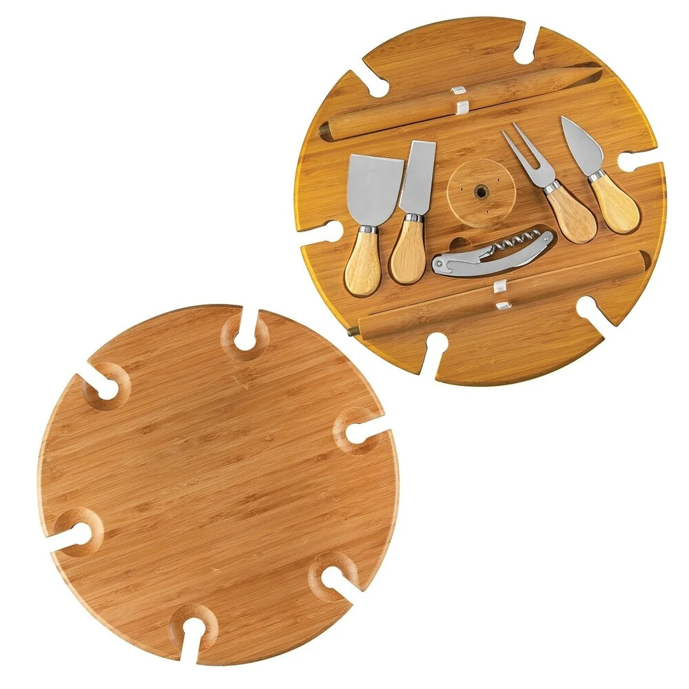 Bambusi Portable Outdoor Picnic Wine Table Holder w Cutlery Cheese Set
