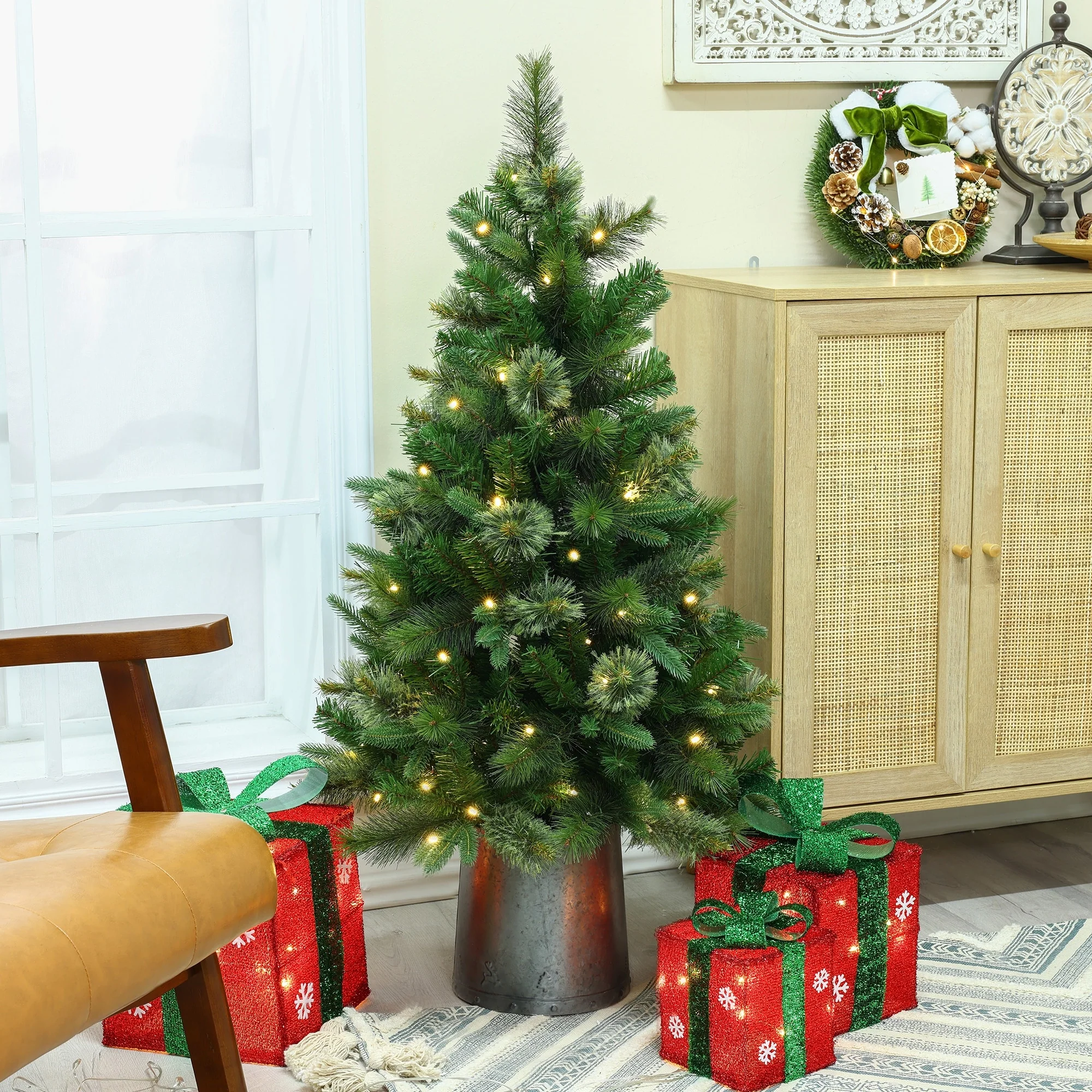 4Ft Pre-Lit Artificial Christmas Pine Tree with Metal Pot - 48