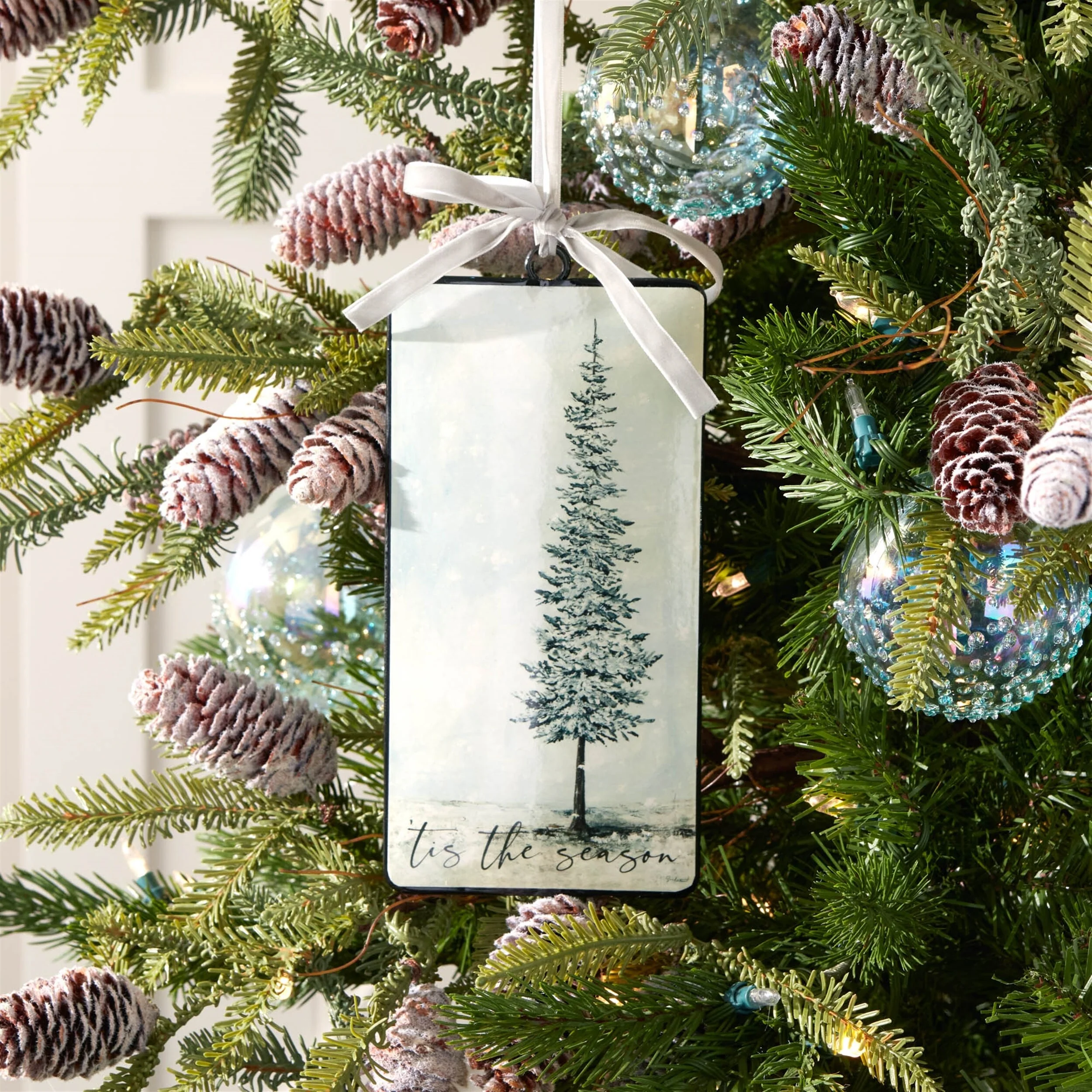 Set of 12 Beige Green Rustic Pine Tree Christmas Ornaments for Winter Hanging Holiday Decor with Ribbon - 4.25”L x 0.5”W x 8.5”H