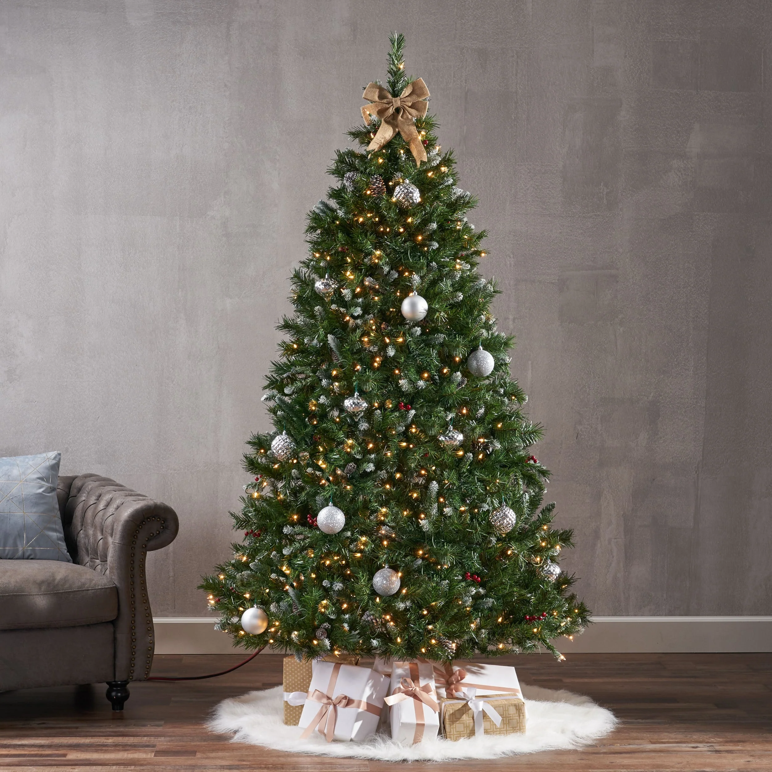 7' Pre-Lit Frosted Christmas Tree with 52 Pine Cones, 26 Red Berries & 450 Clear Lights-UL, Hinged Design, 1219 Tips