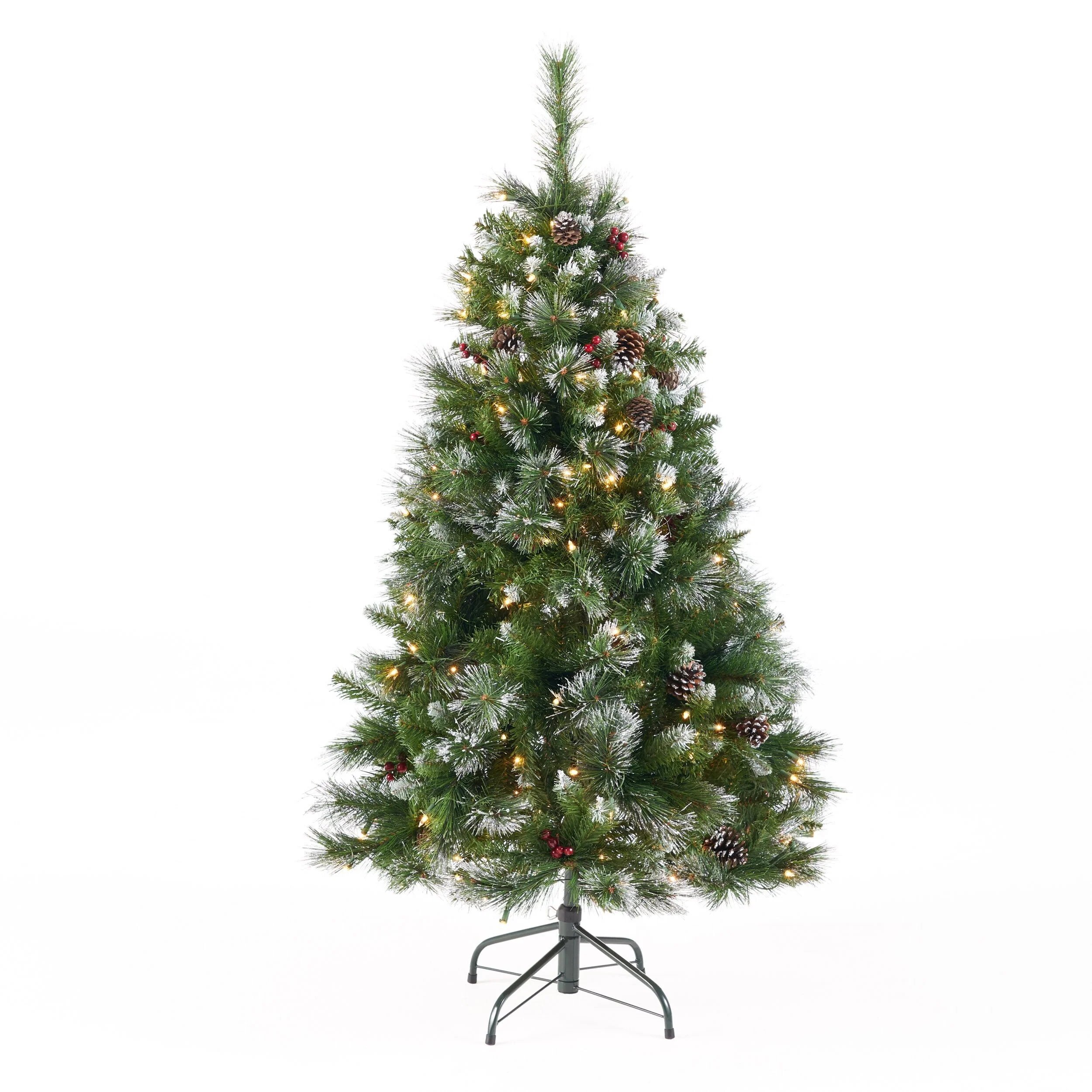 4.5ft Glittered Hinged Christmas Tree with Red Berries, Pine Cones, and Clear Lights