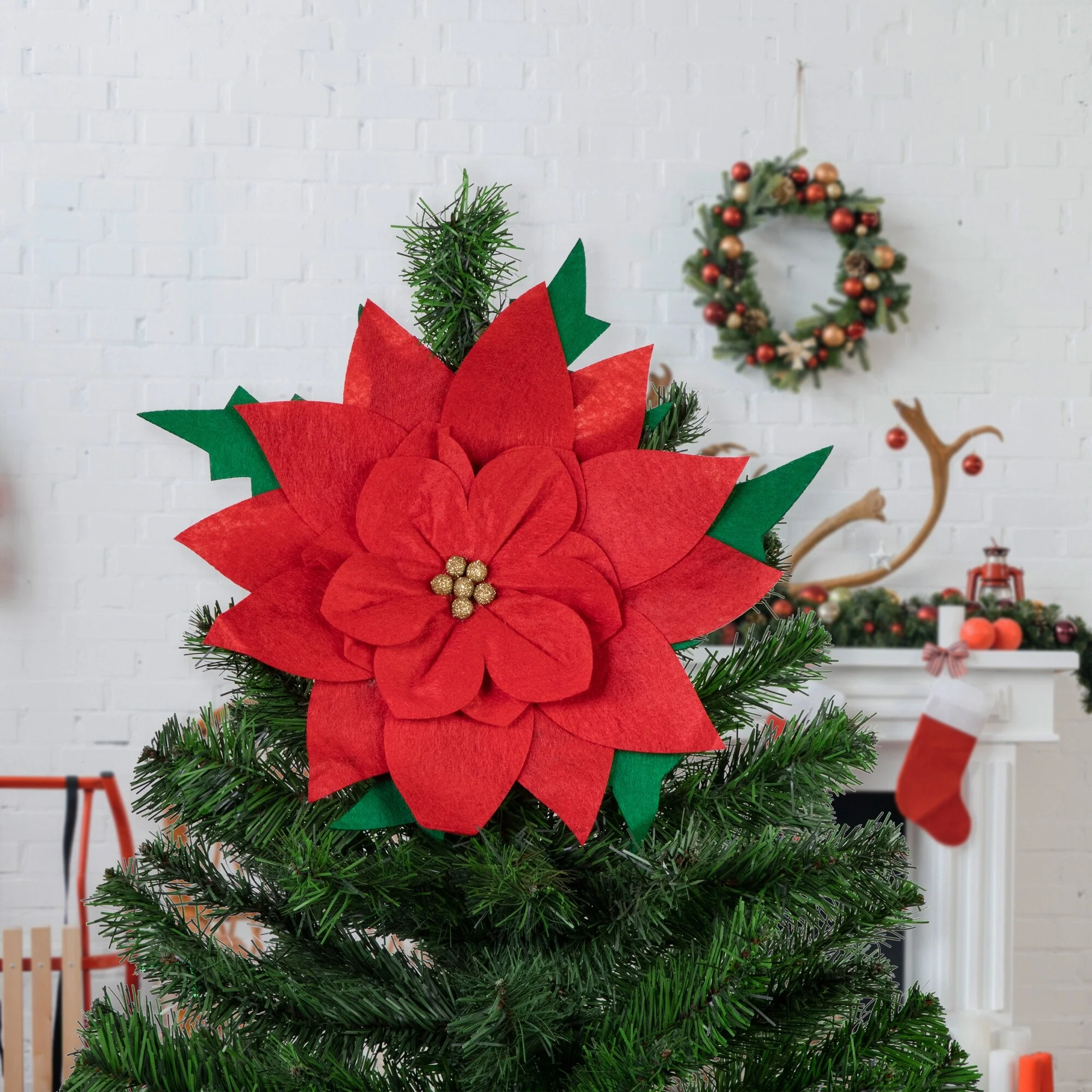 Red Poinsettia Tie-On Christmas Tree Topper Unlit - 14