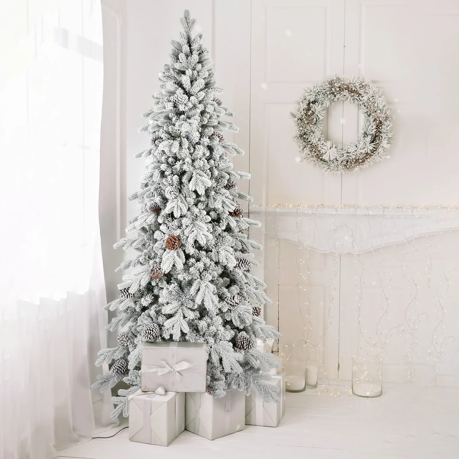 7.5 FT Flocked PE/PVC Christmas Tree with 40 Natural Pine Cones-1424 Tips, Space-Saving Design, Hinged Branches