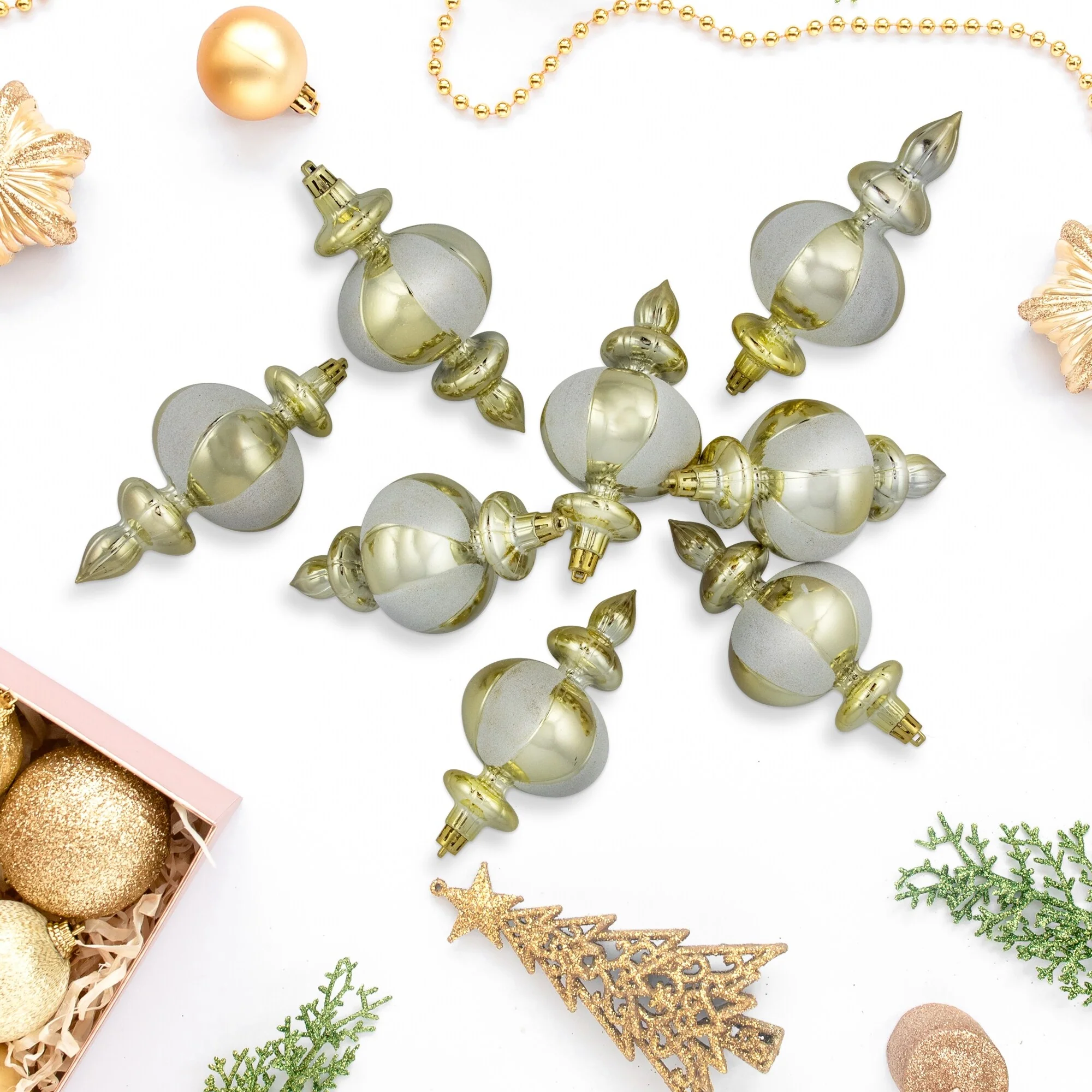 8ct Champagne Shiny Finish Shatterproof Finial Christmas Ornaments, 6