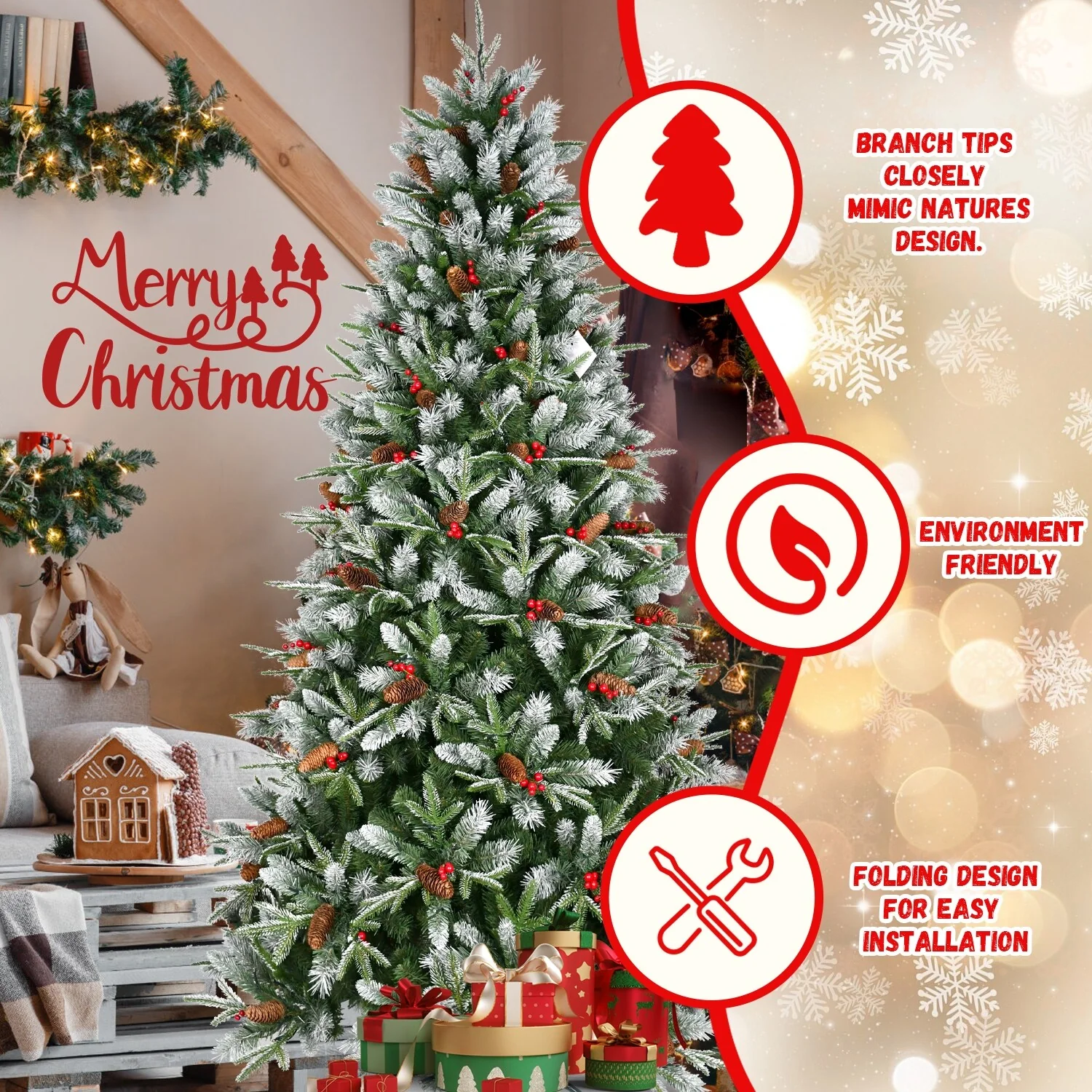 4FT Christmas Tree with 747 Tips, Red Berries & Pine Cones-Snow-Dusted PE+PVC Branches, Hinged Design for Easy Setup