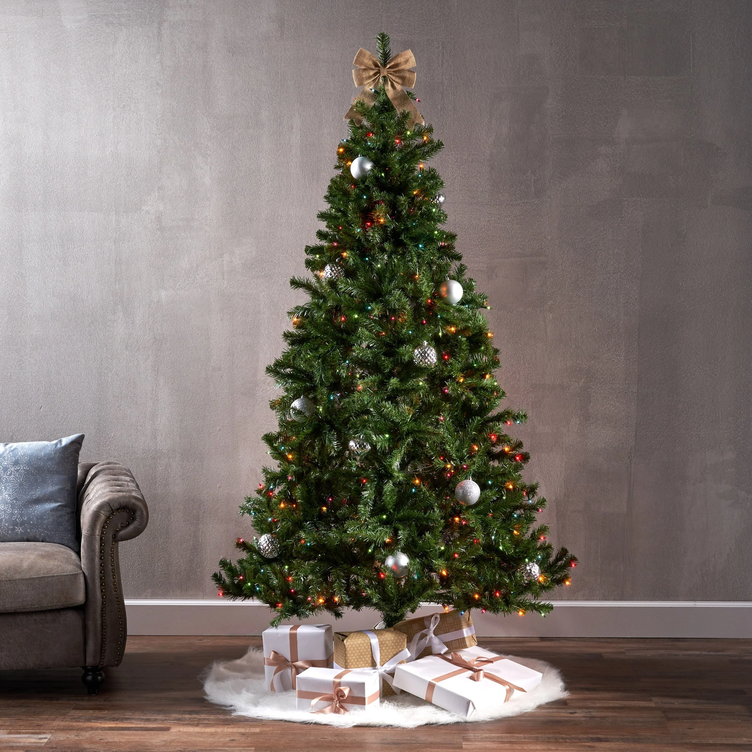 7' Pre-Lit Noble Christmas Tree with 500 Multi-Colored Lights and Durable Iron Stand for Holiday Decor