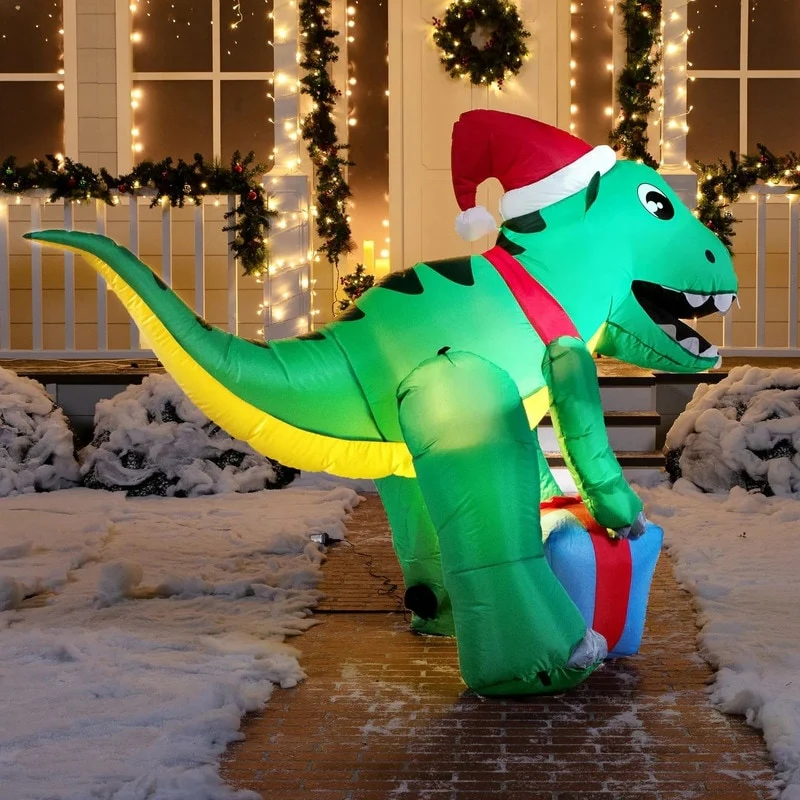 Joyfy 5ft Tall Dinosaur Inflatable with LED-lit Gift Box for Outdoor Xmas Décor