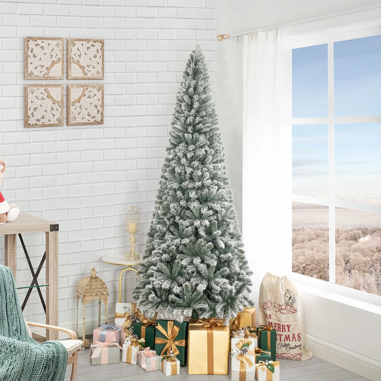 Salzburg Frosted Slim Artificial Christmas Tree with Lights, Prelit Christmas Tree, Pine Fir Christmas Tree with Clear Lights