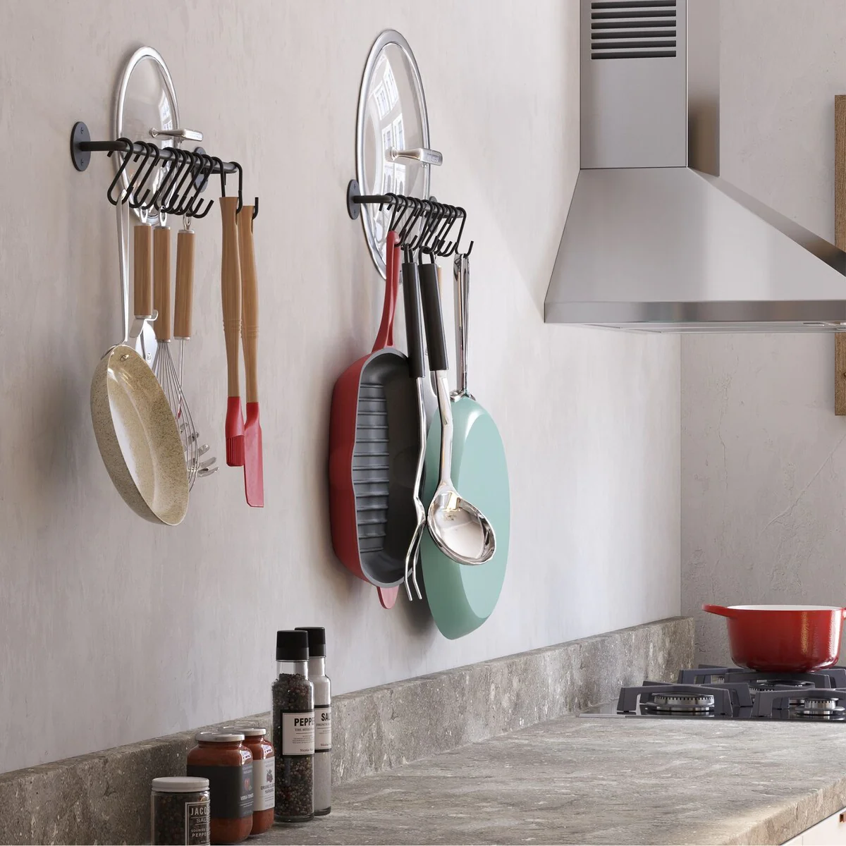 Wallniture Cucina Kitchen Utensil Holder with 20 S Hooks, Pot Racks, Black (Set of 2)
