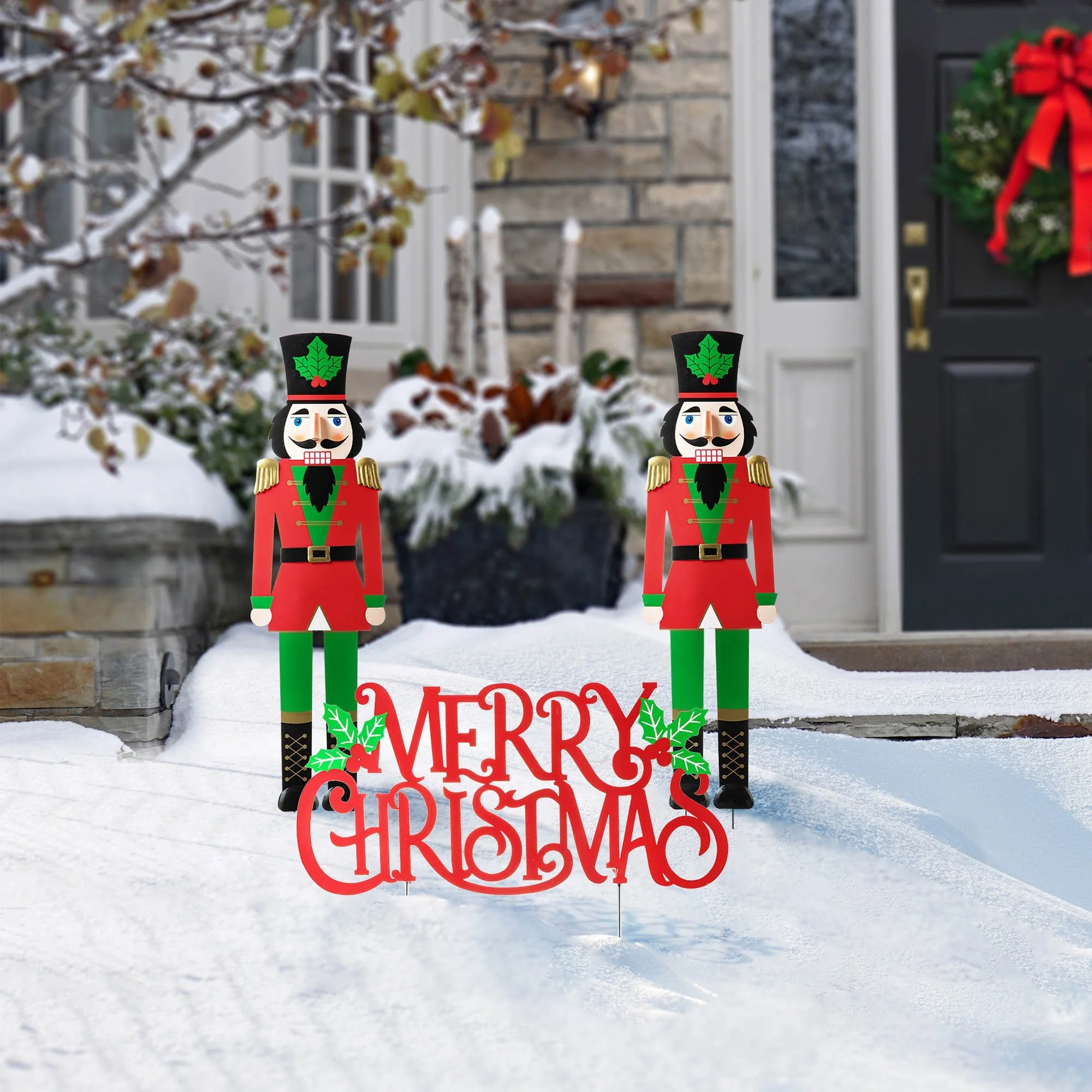 Glitzhome Metal Nutcracker with MERRY CHRISTMAS or Snowman with HAPPY HOLIDAYS Yard Stakes Wall Decor(Set of 3 )