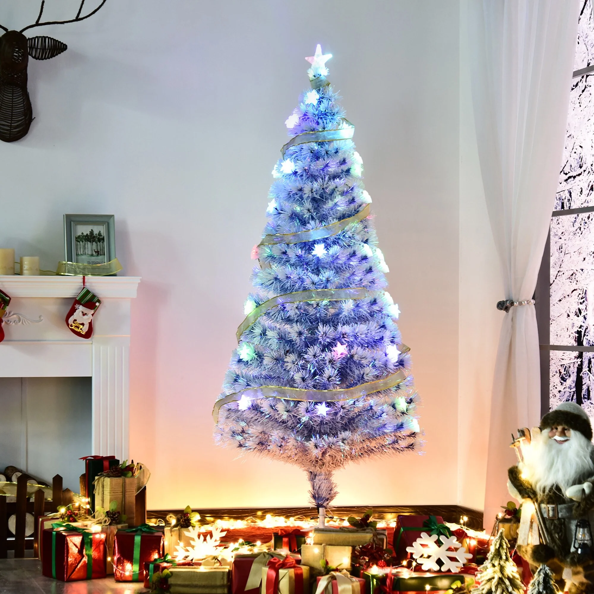 5' Tall White Pre-Lit Christmas Tree with Multi-Color Fiber Optic LED Lights and 180 Tips for Festive Decor