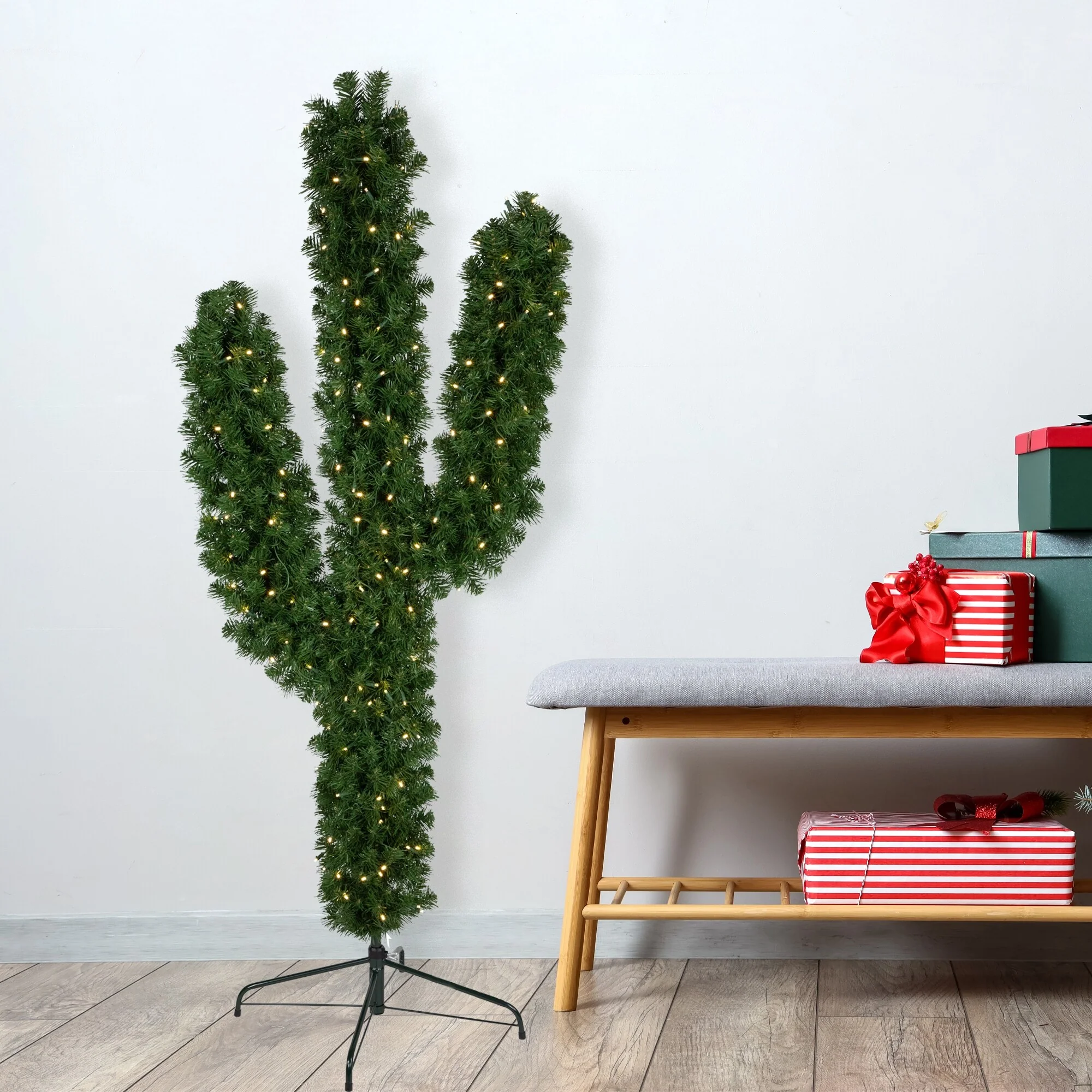 6' Pre-Lit Artificial Pine Cactus Christmas Tree, Warm Clear LED Lights