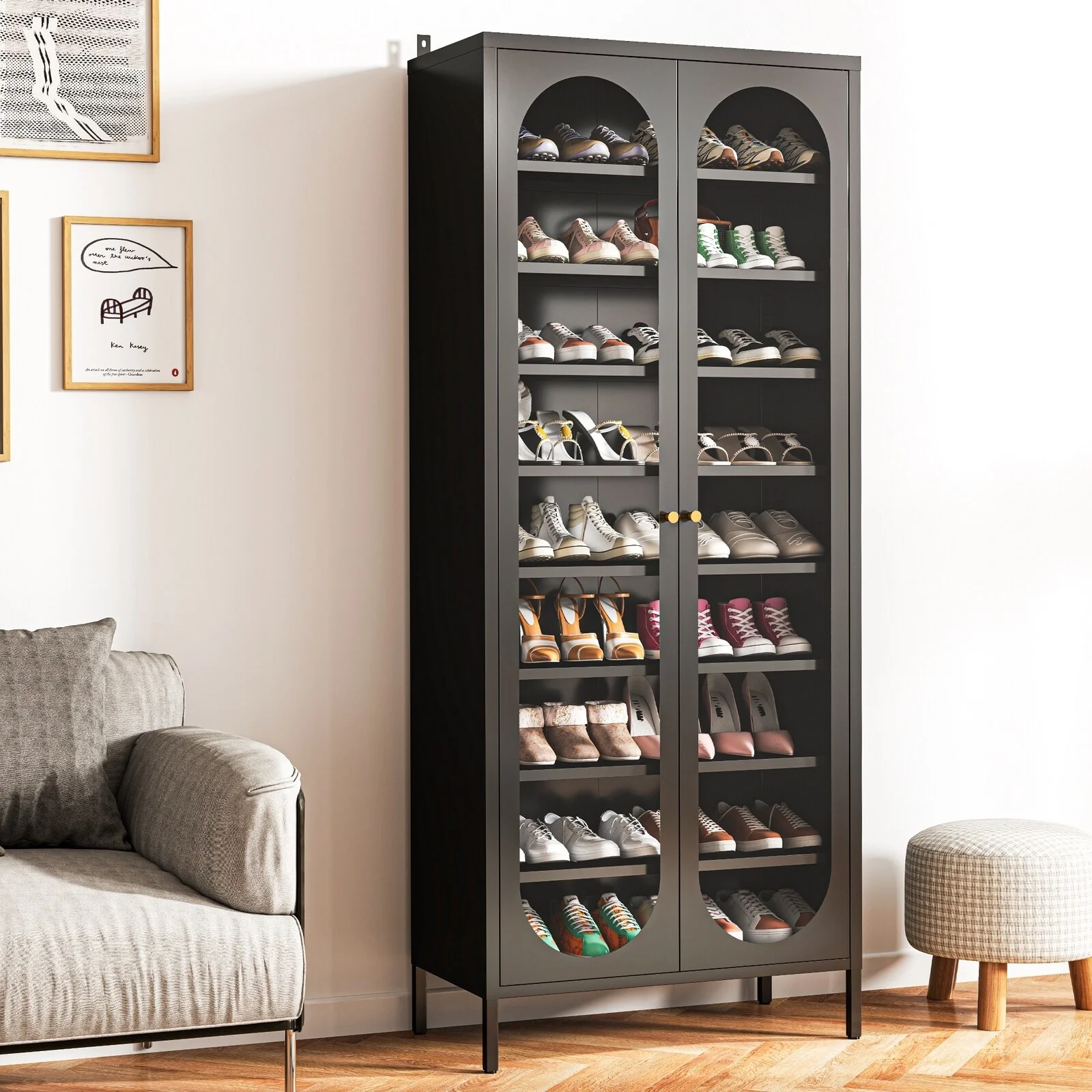 9-Tier Shoe Storage Cabinet with Glass Doors & Adjustable Shelves - 67