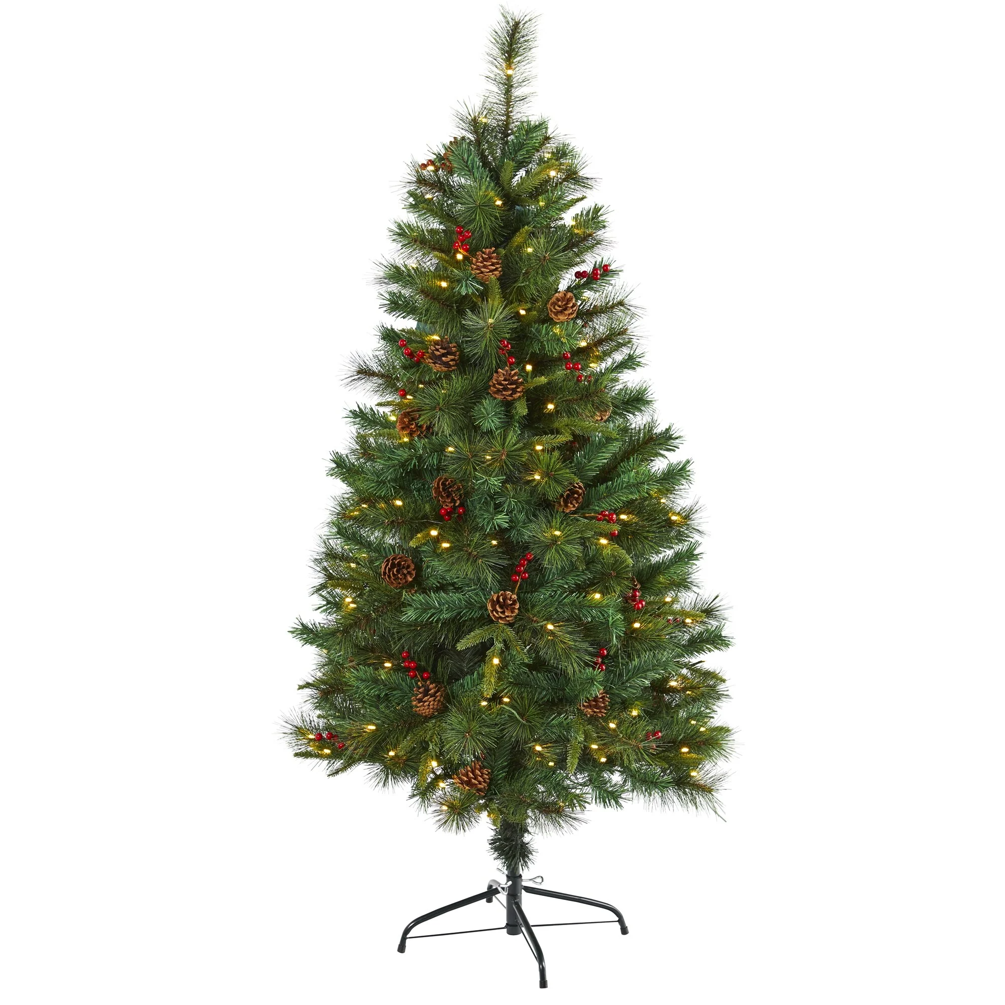 5’ Pinecone & Berry Pine Artificial Christmas Tree, Clear LED Lights - 5 Foot