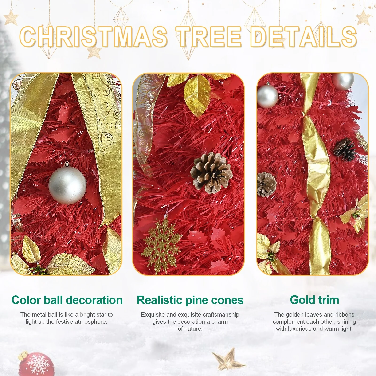 6FT Red Pop-Up Christmas Tree with 150 Warm White LED Lights,Included-4 Ribbons,Bow,Flowers,Snowflakes,Pine Cones&Balls
