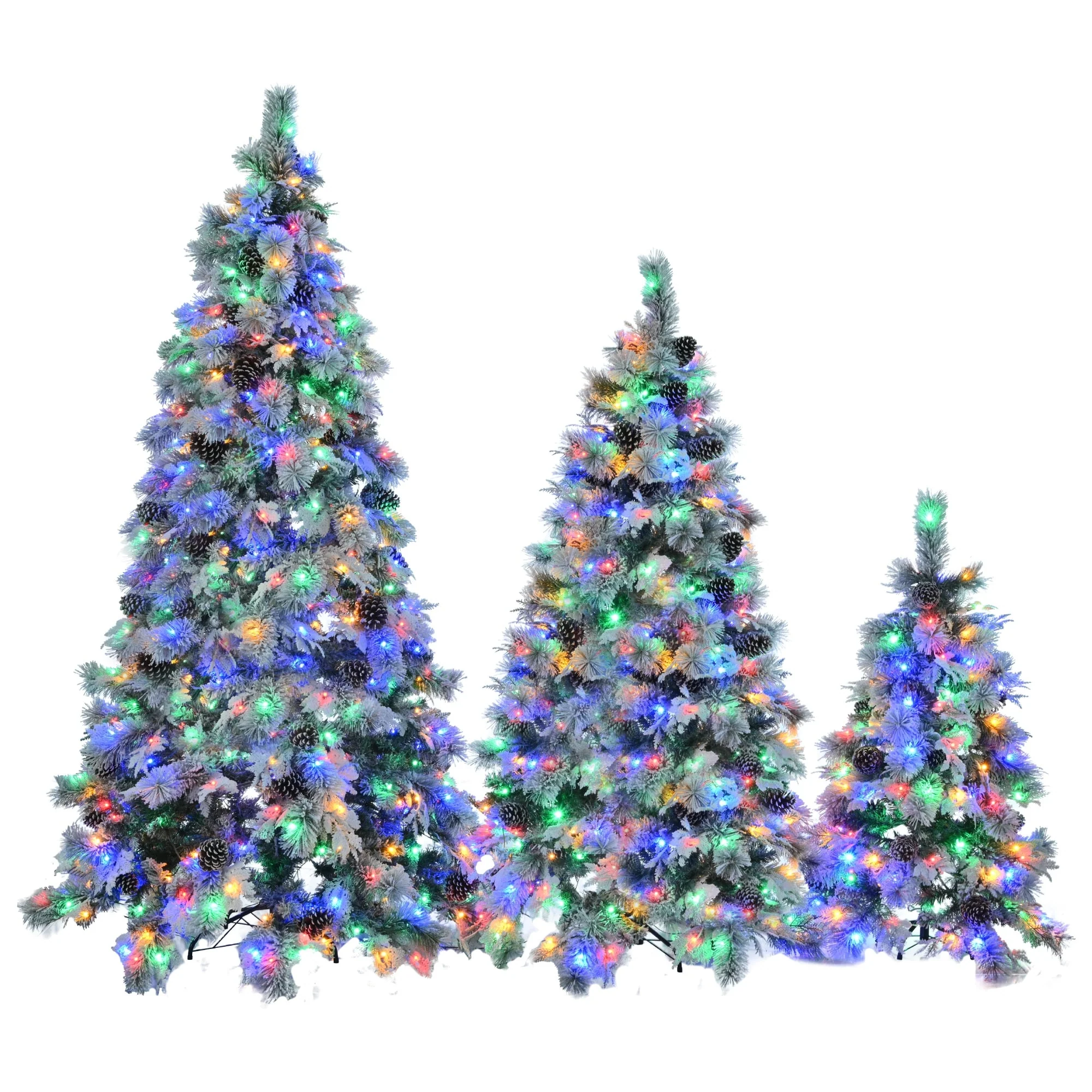 Pre-Lit Spruce Snow Flocked Xmas Tree Set - 4FT,6FT, 7.5FT With Pine Cones LED Lights & 11 Flashing Modes - 4FT+6FT+7.5FT