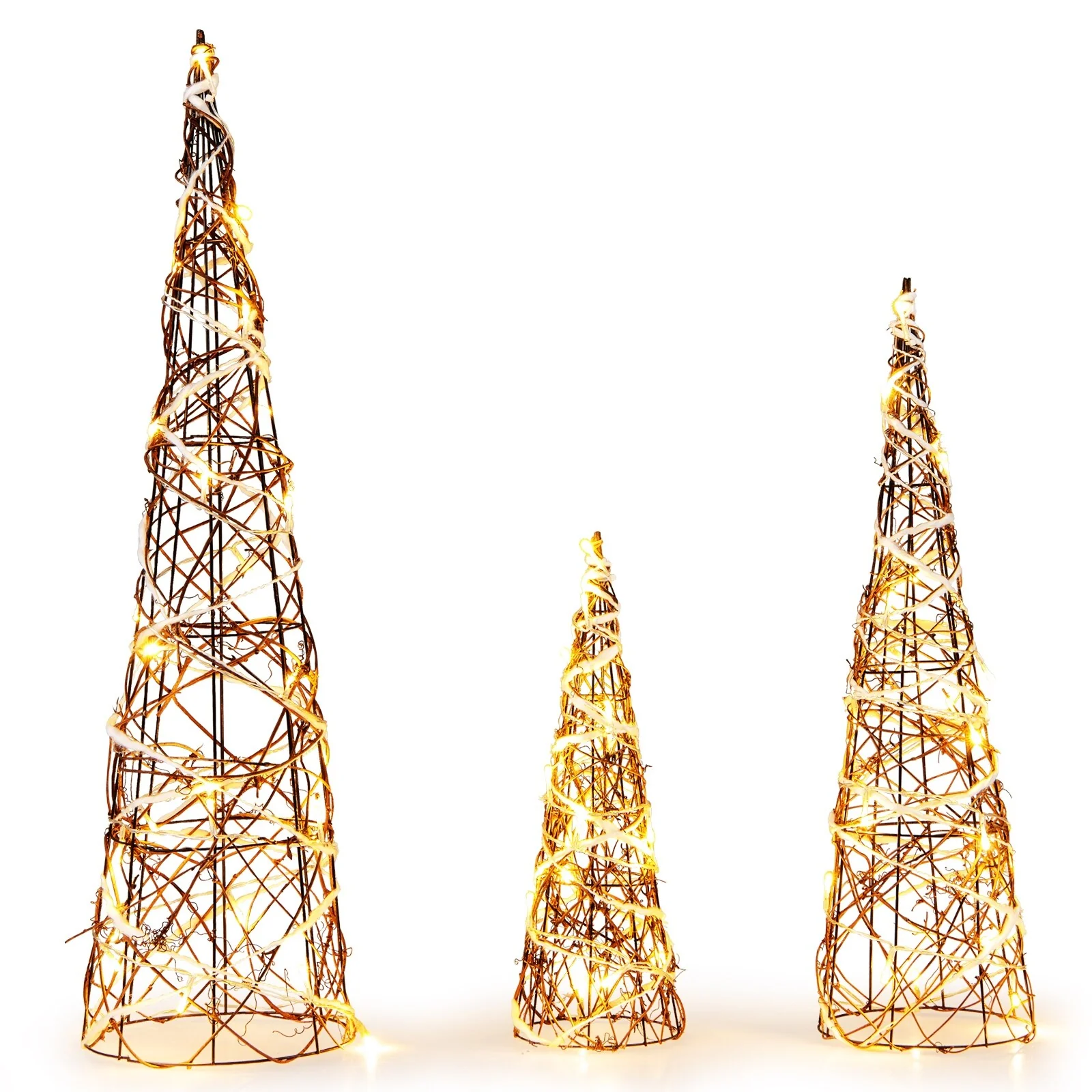 Set of 3 Pre-Lit Rattan Christmas Cone Trees with 60 LED Lights Rustic Tabletop Holiday Décor - Brown - 8