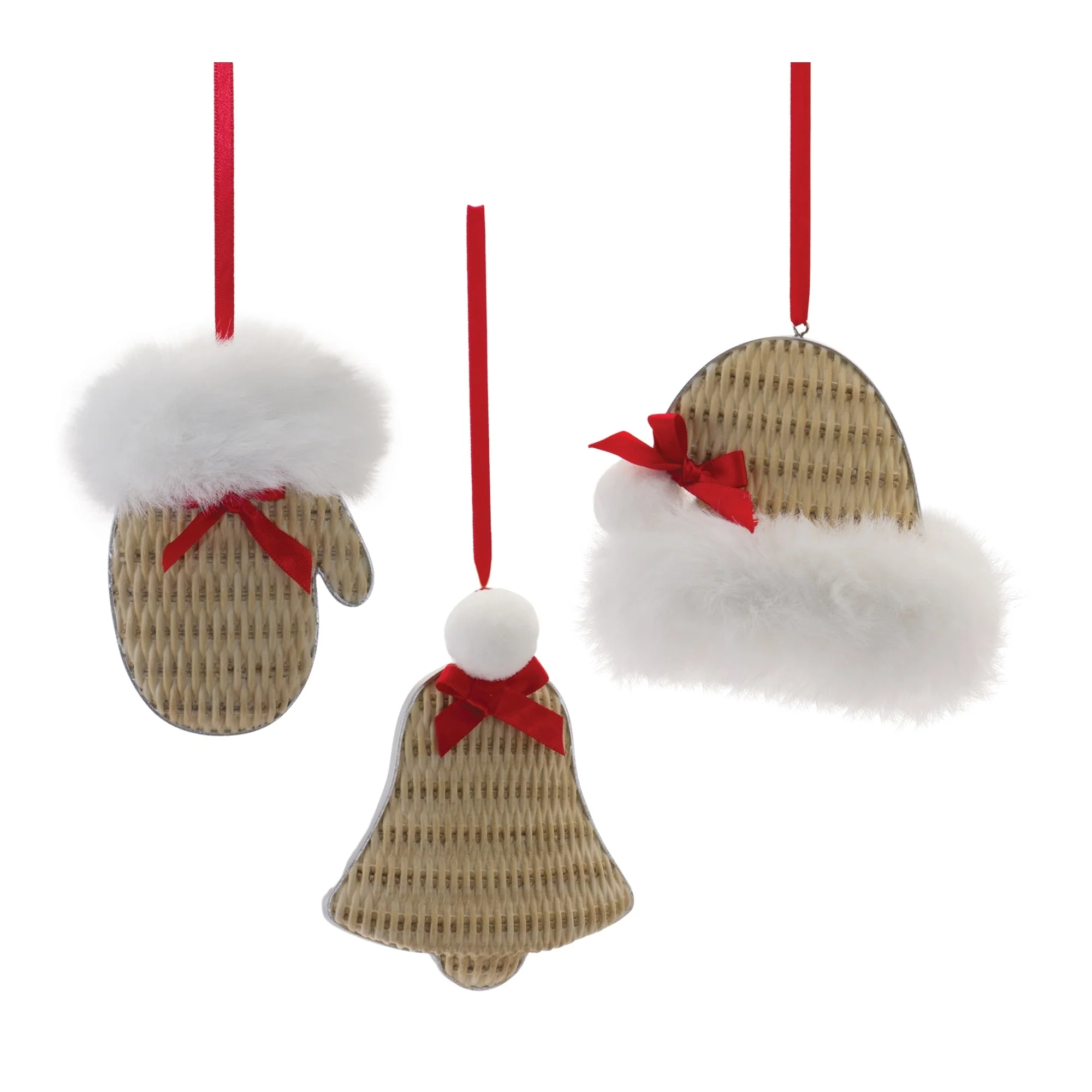 Wicker Mitten, Hat and Bell Christmas Ornaments - 4.5