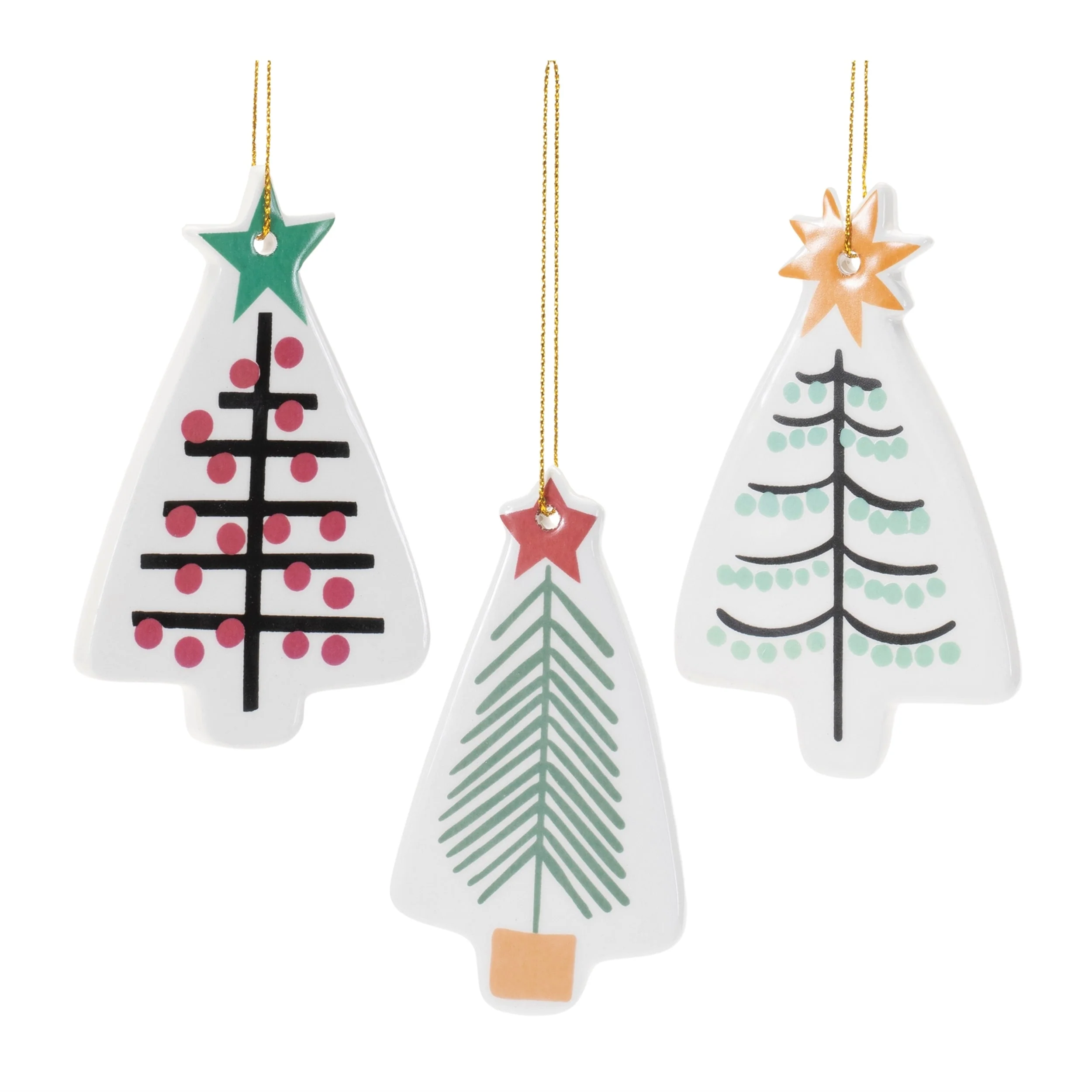 Set of 12 Red Green Orange Ceramic Christmas Tree Ornaments with Star Accents for Holiday Decor - 2.5”L x 0.5”W x 4”H