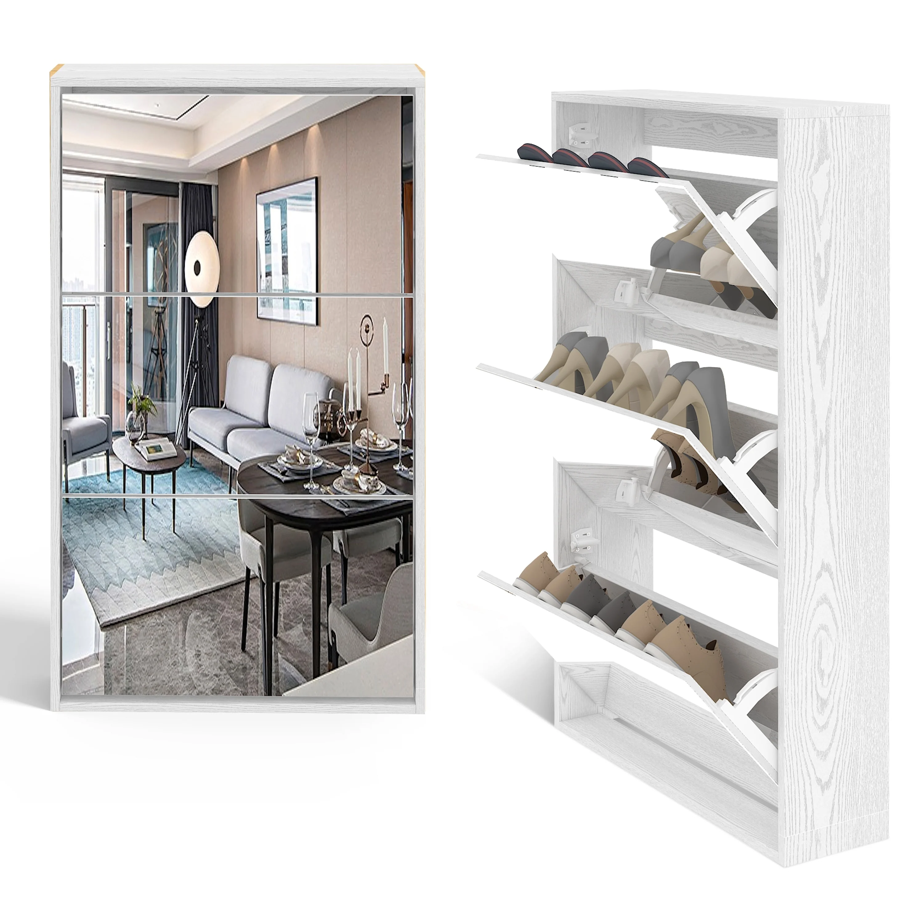 Modern Shoe Storage Cabinet with 3 Mirror Flip Drawers,Shoe Storage Organizer