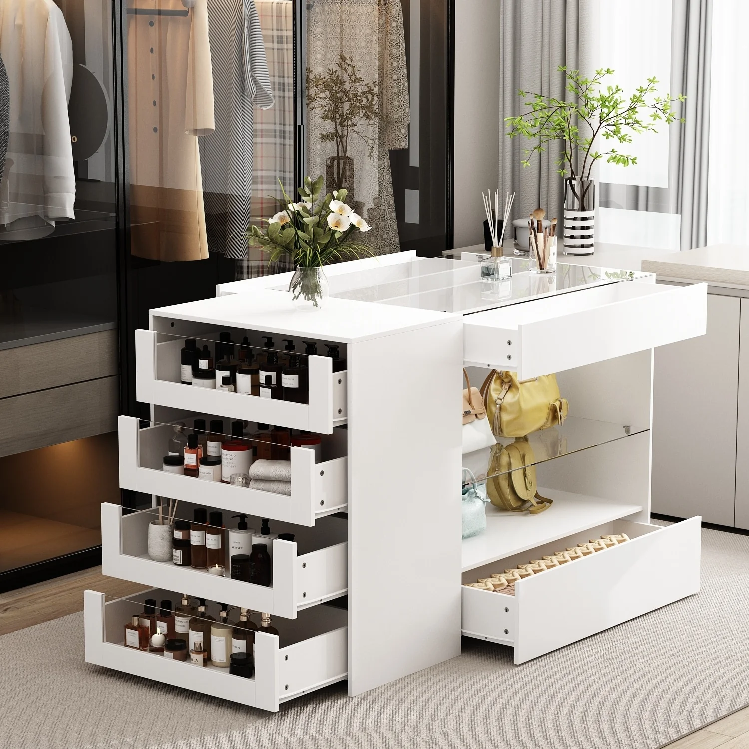 Dressing Island with Glass Shelves Spacious White Organizer Closet - 47.2