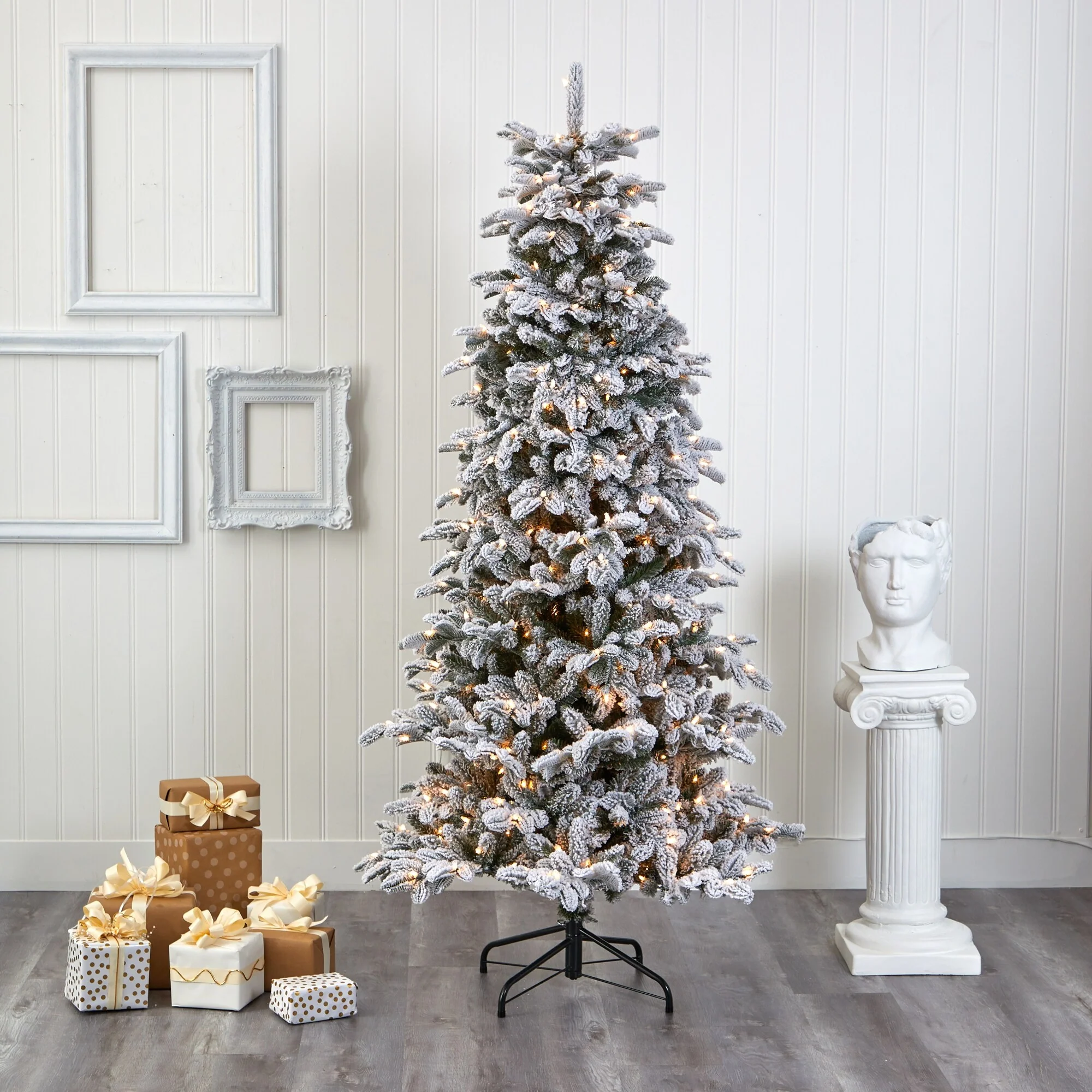7' Flocked North Carolina Fir Artificial Christmas Tree, Clear Lights - 7 Foot