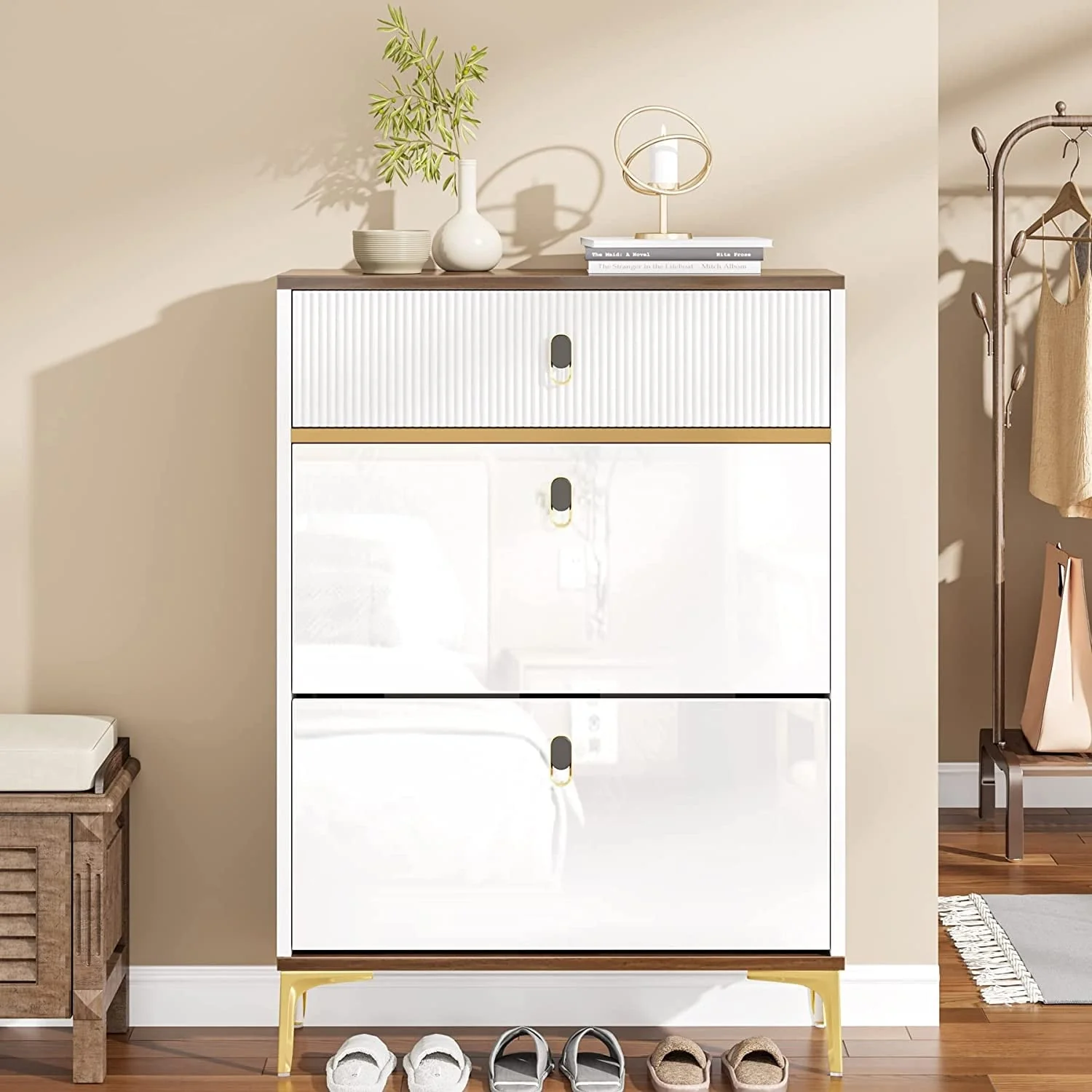 Shoe Storage Cabinet Entryway with 2 Flip Drawers