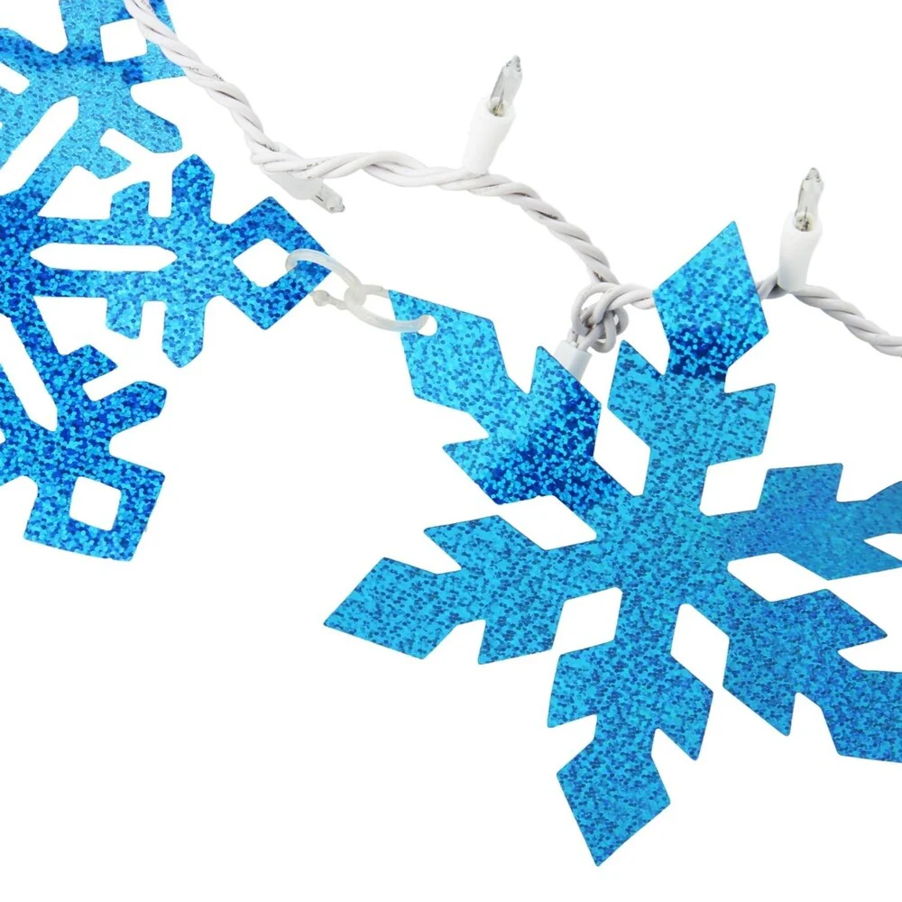 9.9' Blue Holographic Snowflake Christmas Light Garland with 35 Clear Mini Lights - White Wire
