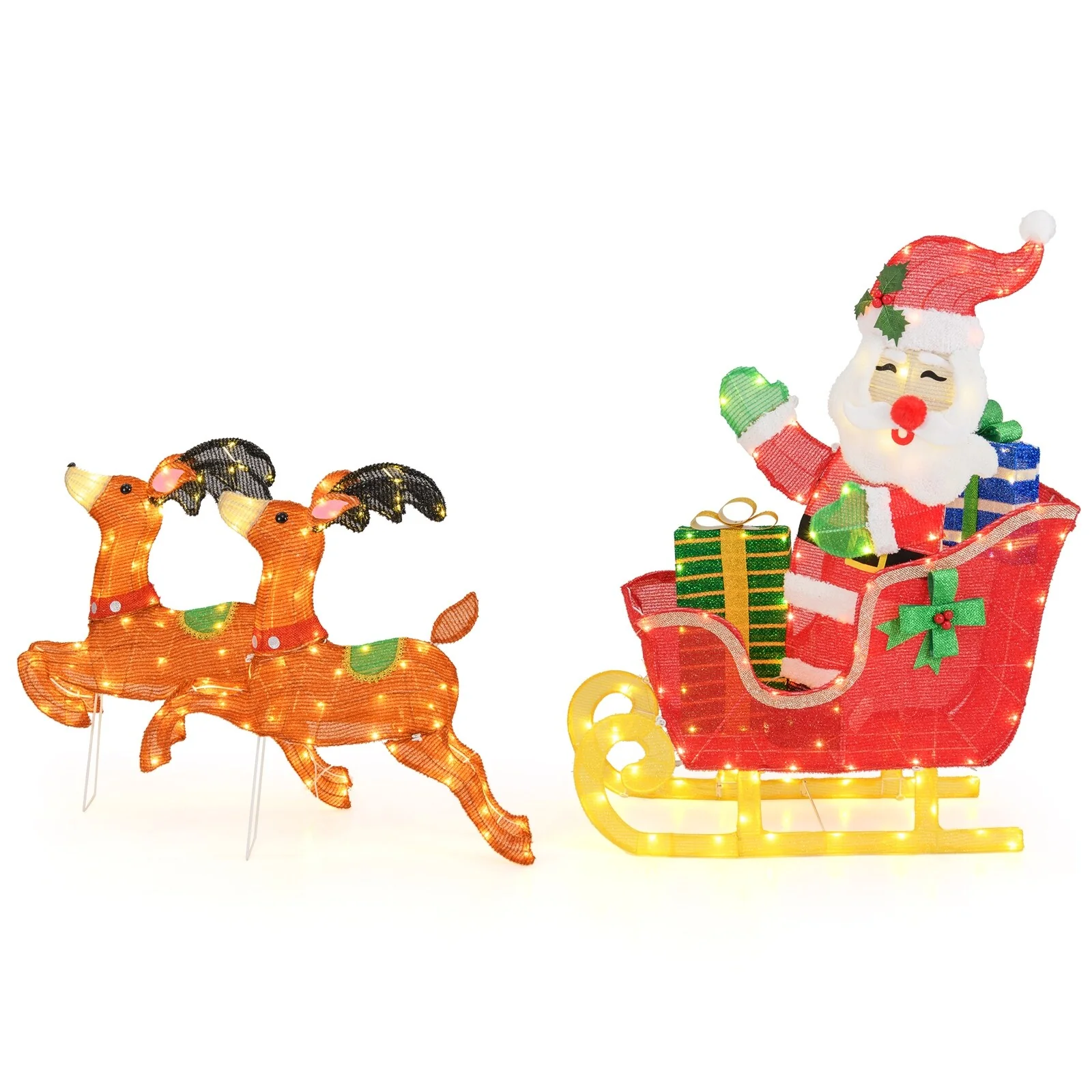 Gymax Lighted Christmas Santa Claus w/ Reindeer LED Lights 12 Ground - Multi - See Details