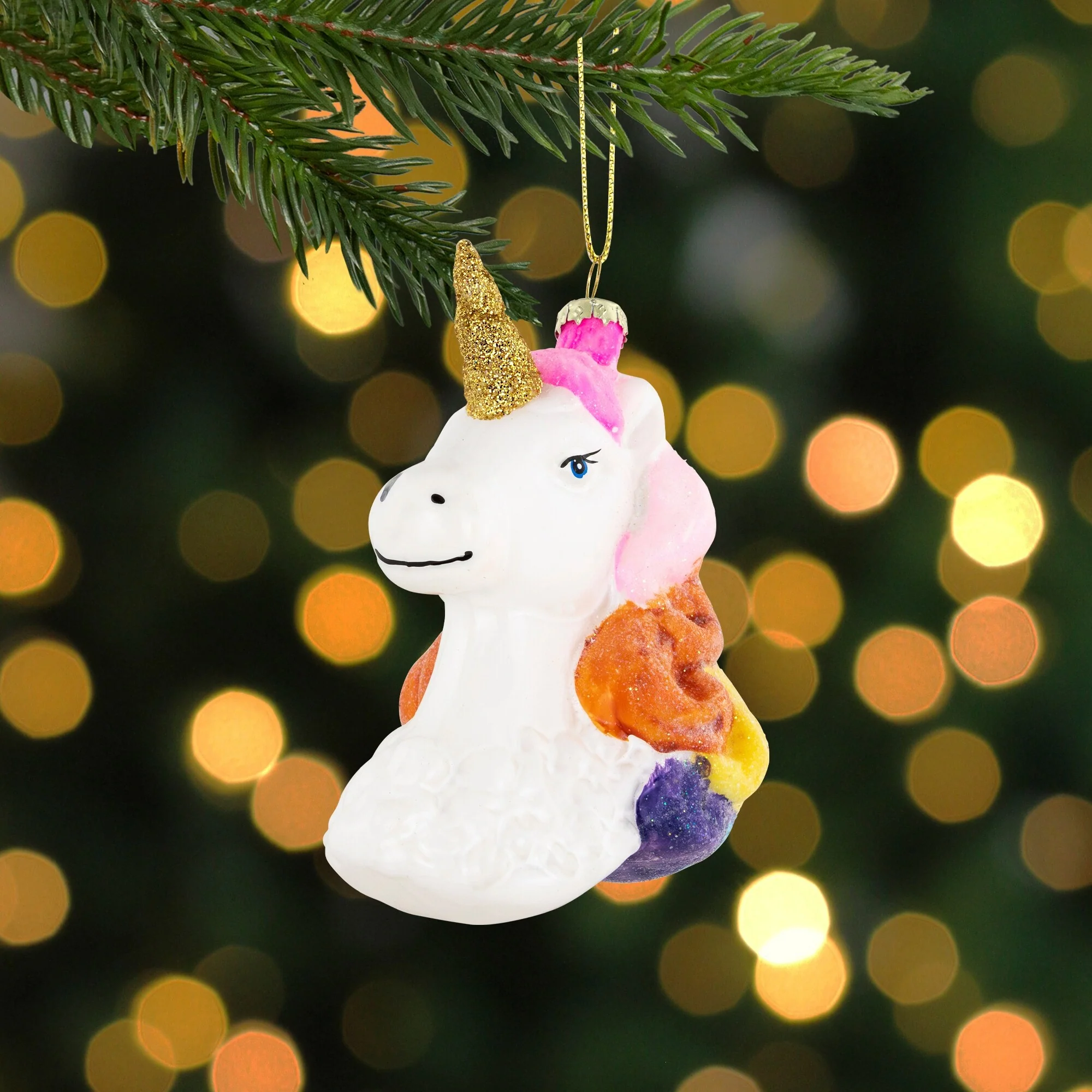 4in Rainbow Unicorn Head Hanging Glass Christmas Ornament