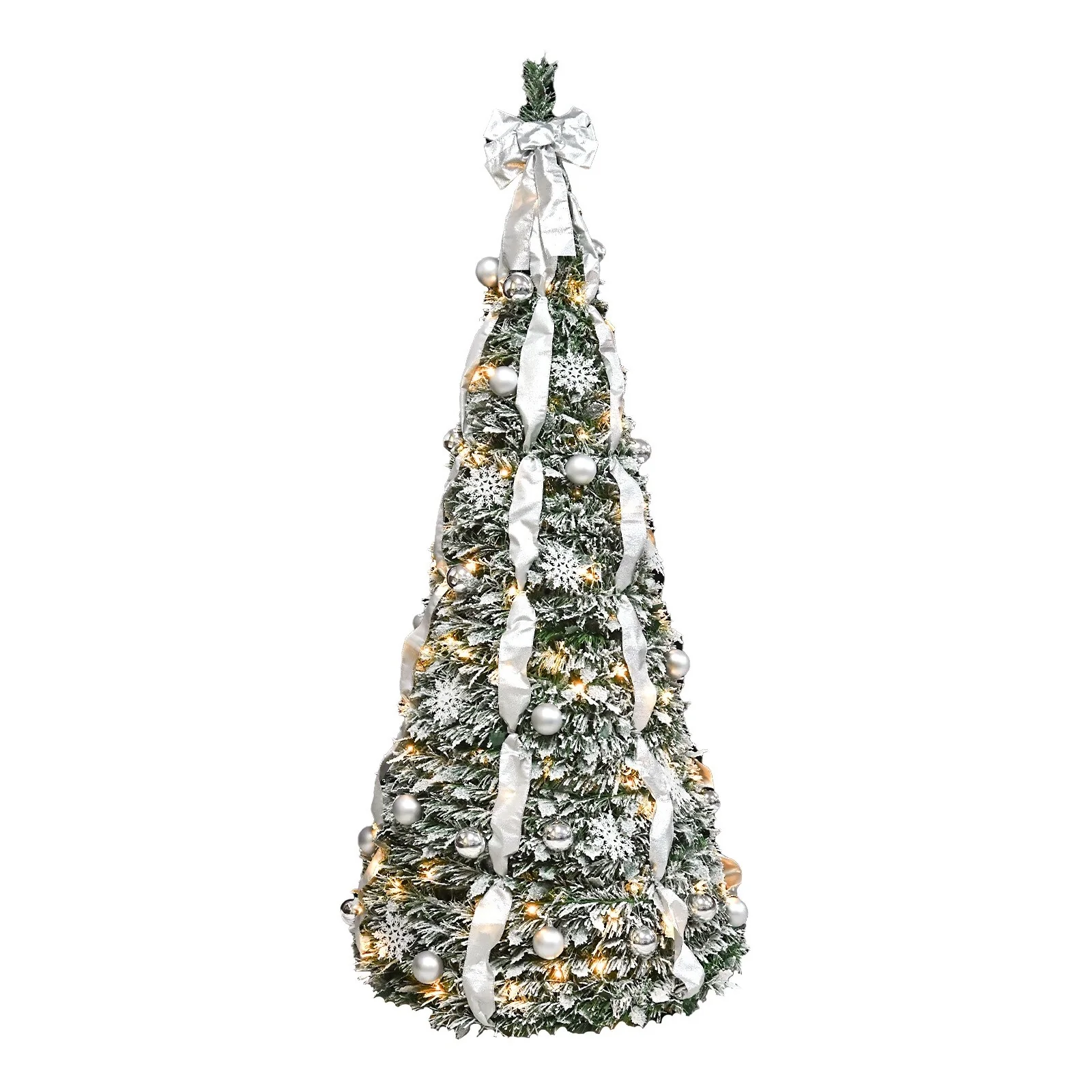 Flocked Pop-Up Christmas Tree With Warm White Ul Lights - Pre-Decorated With Ornaments, Snowflakes, Ribbons & Large Bow