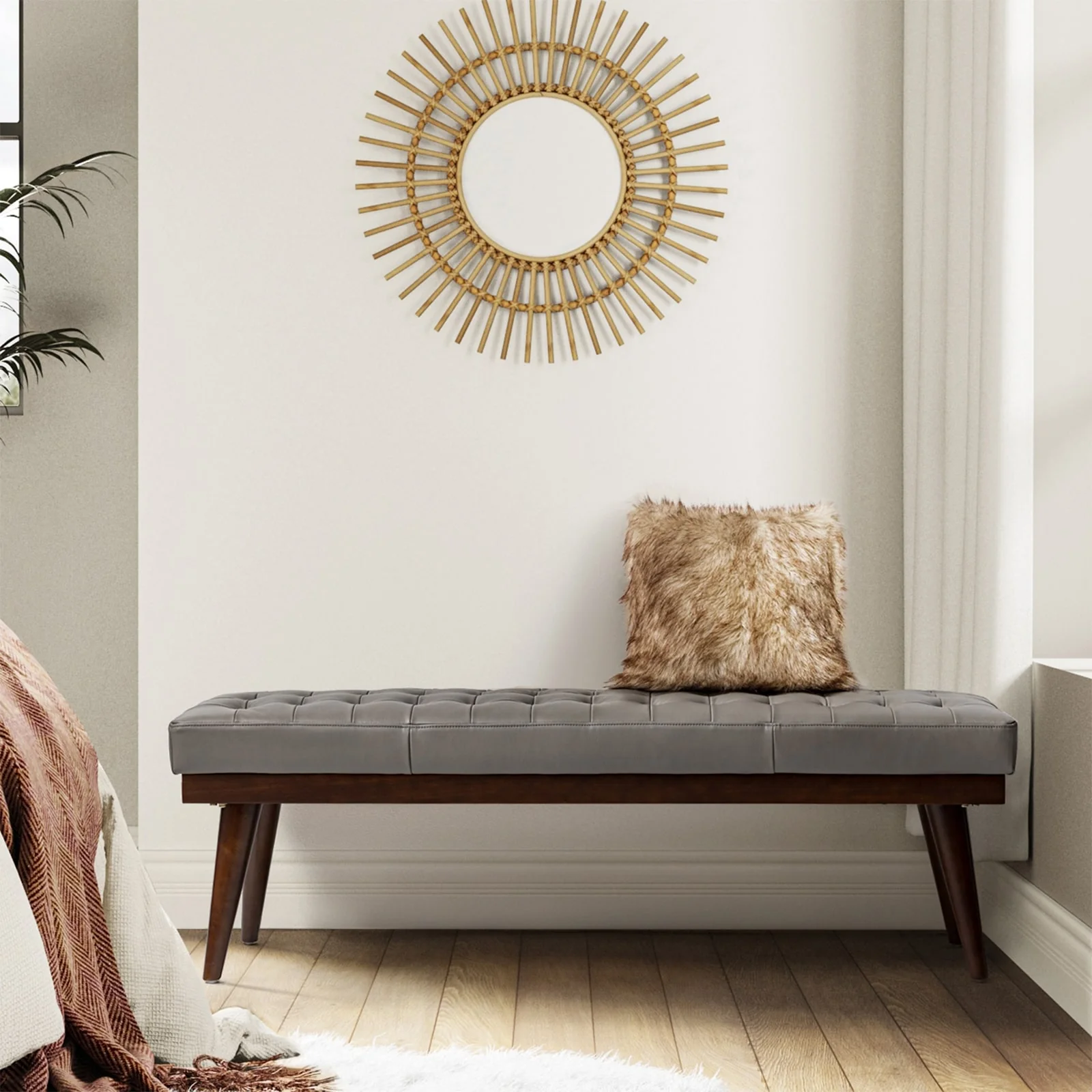 Felisa Modern Genuine Leather Tufted Bench With Solid Wood Base By HULALA HOME