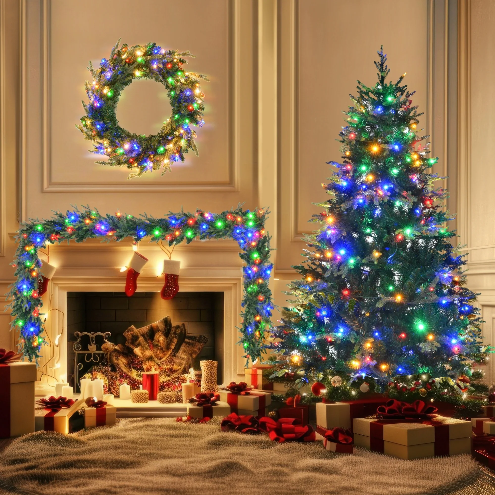 6FT Pre-Lit Artificial Christmas Tree with Wreath & Garland,380 Multi-Color LED Lights,11 Lighting Modes, 861 PE Branch Tips