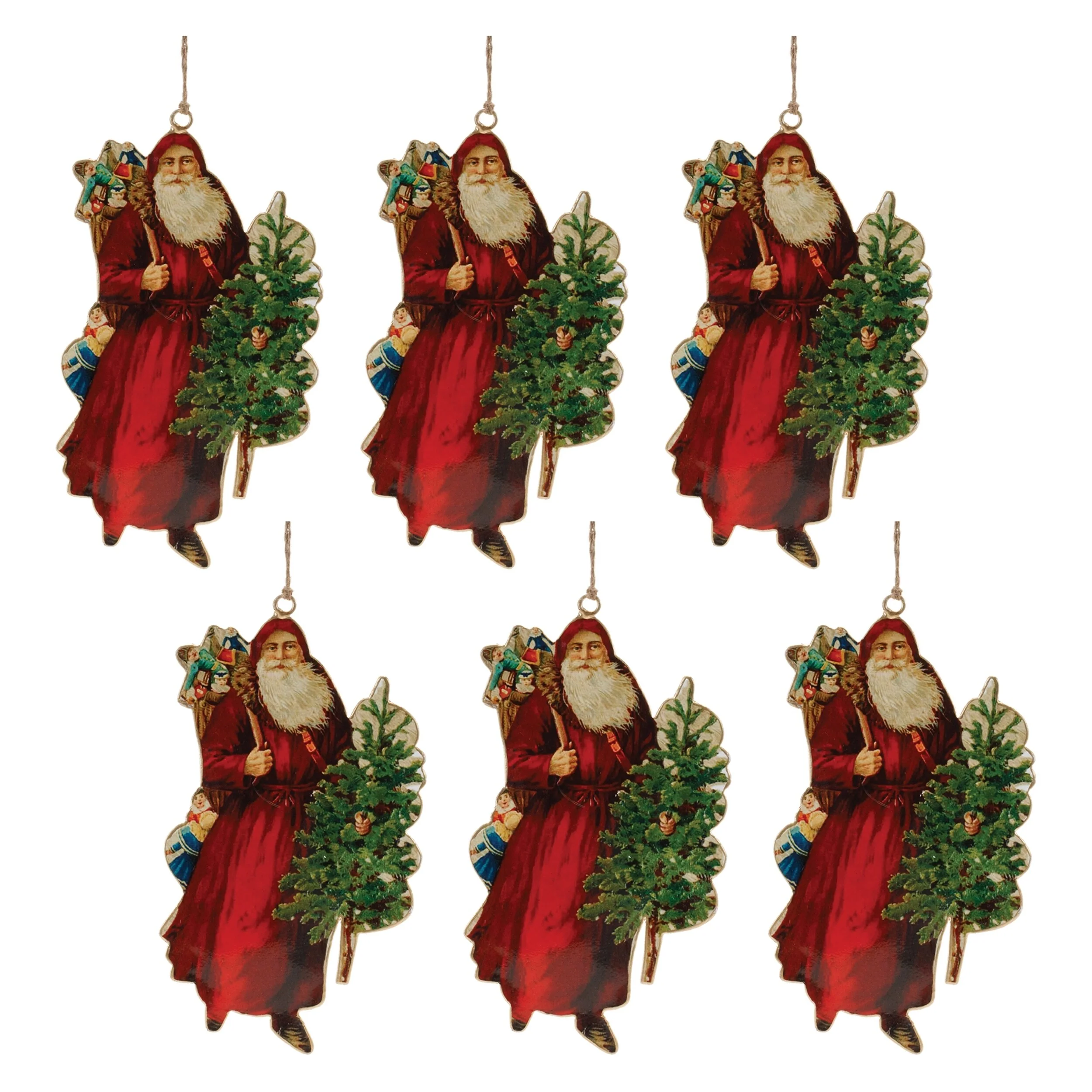 Set of 6 Santa Ornaments Vintage Christmas Tree Hanging Decor - 4.5” x 0.5” x 8.5”