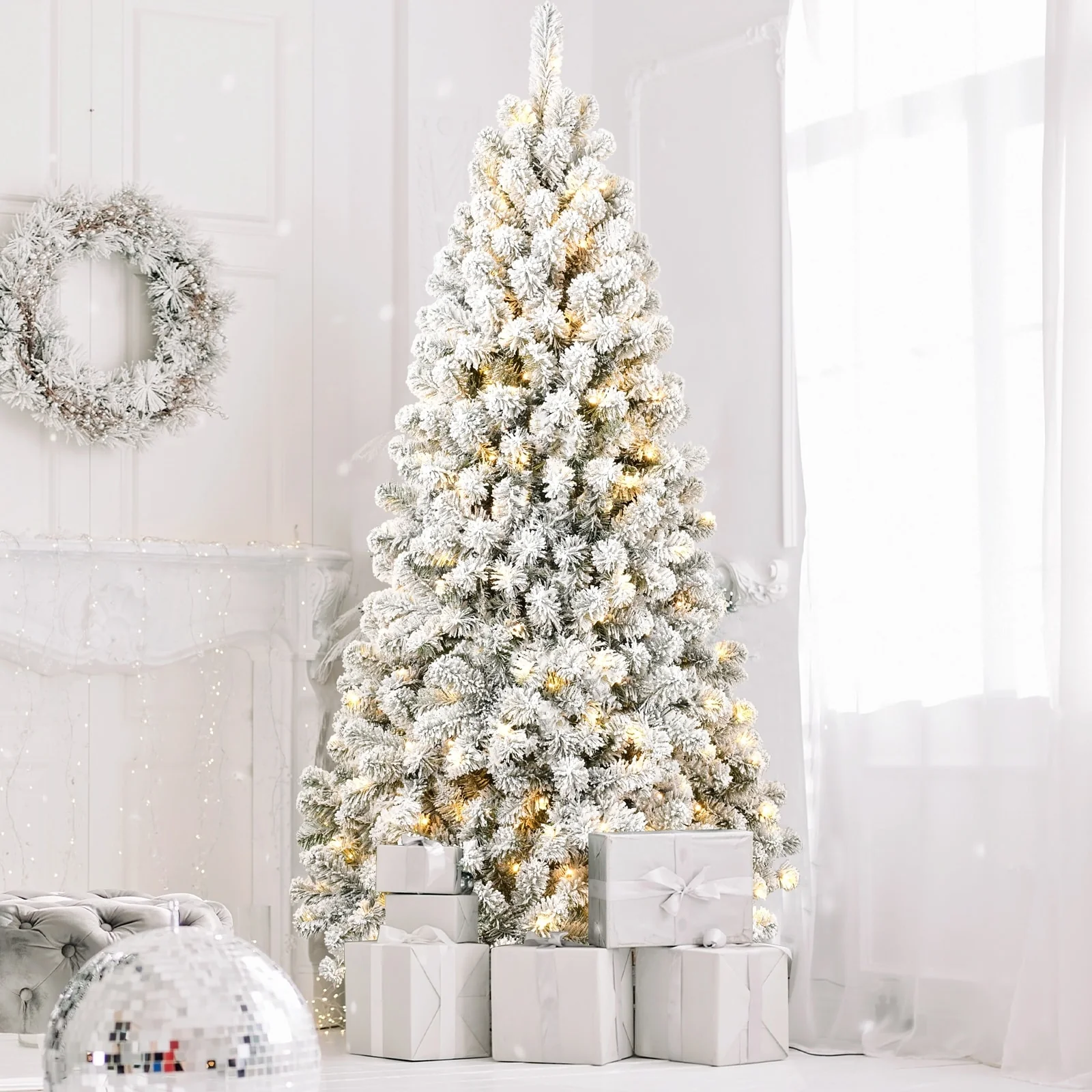 Snowy Pre-Lit Christmas Tree with Automatic Fluffing, 400 Lights, and Reinforced Stand