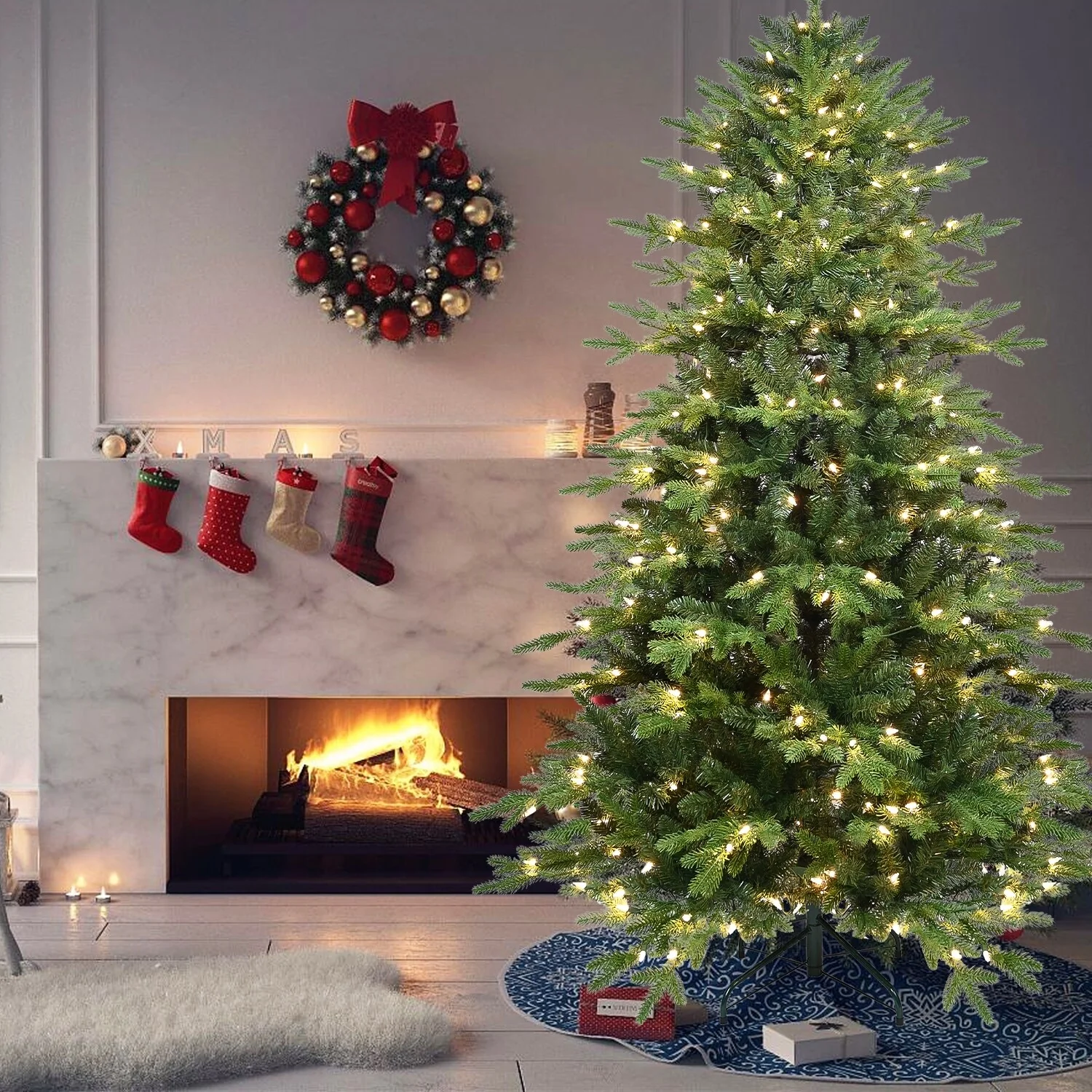 4FT Green PVC+PE Christmas Tree with 150 Warm White UL Lights-919 Tips, Hinged Branch Design, Realistic Needles