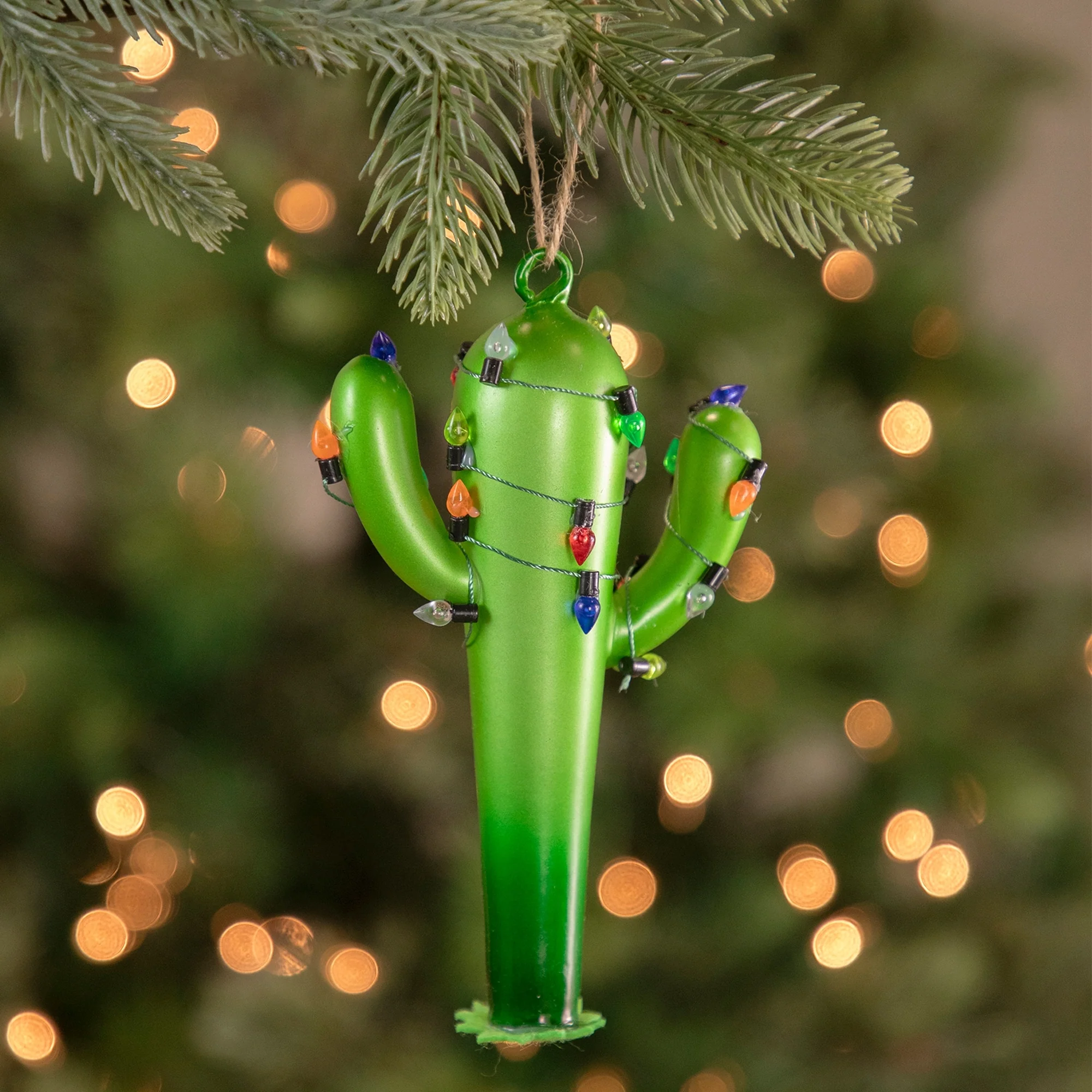 Cactus with Faux Lights Glass Christmas Ornament - 5.5