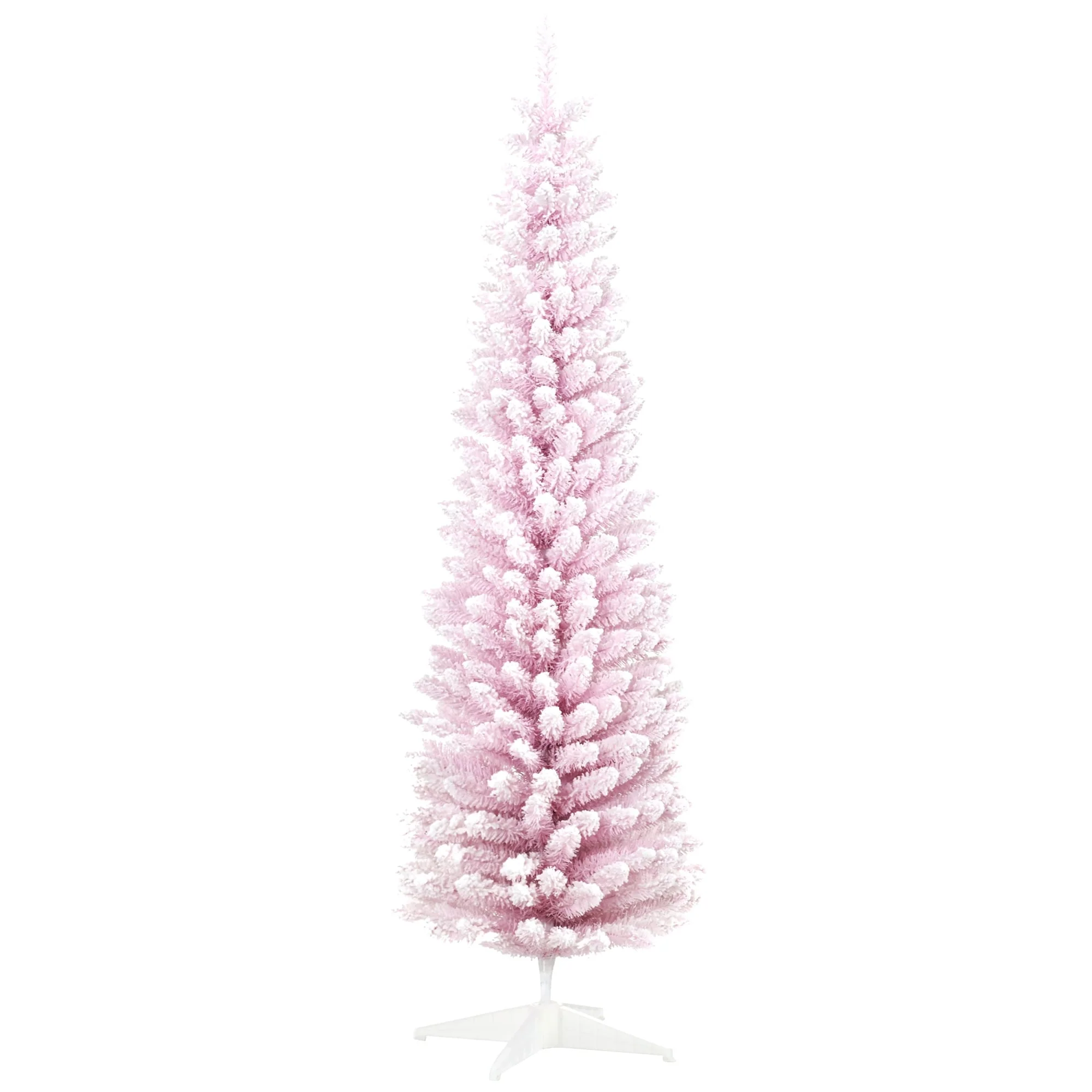 Slim Pink 6ft Snow Flocked Christmas Tree with Plastic Base Stand for Easy Indoor Decoration