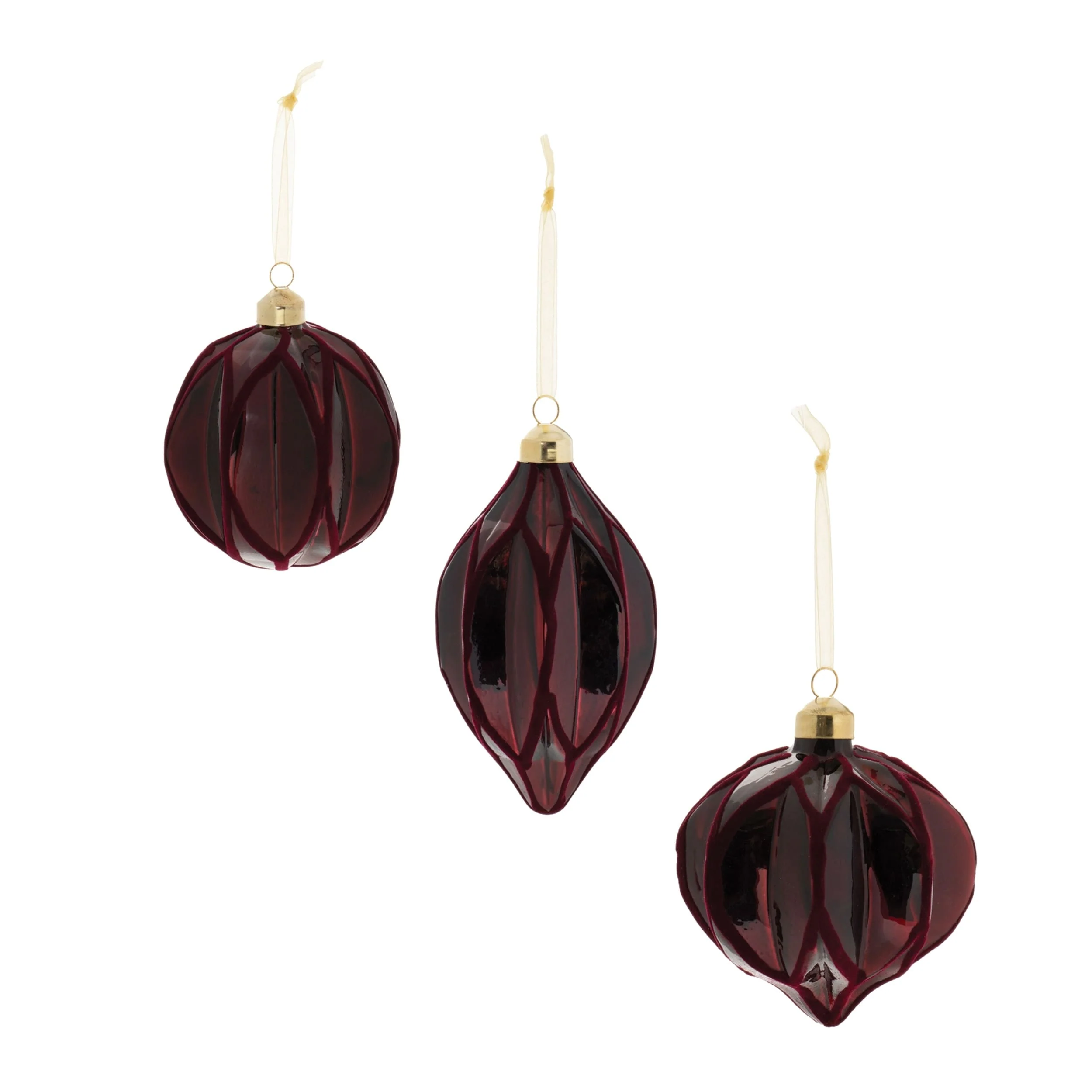 Set of 6 Red Velvet Glass Christmas Ornaments Ribbed Ball Onion Drop Shapes for Tree Decor - 3.5”L x 3.5”W x 4”H