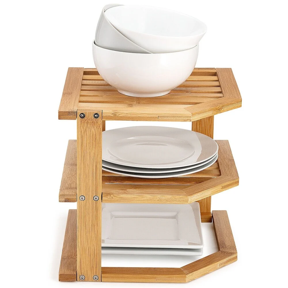 Bambusi Corner Kitchen Storage Shelf for Organizing Plates and Bowls