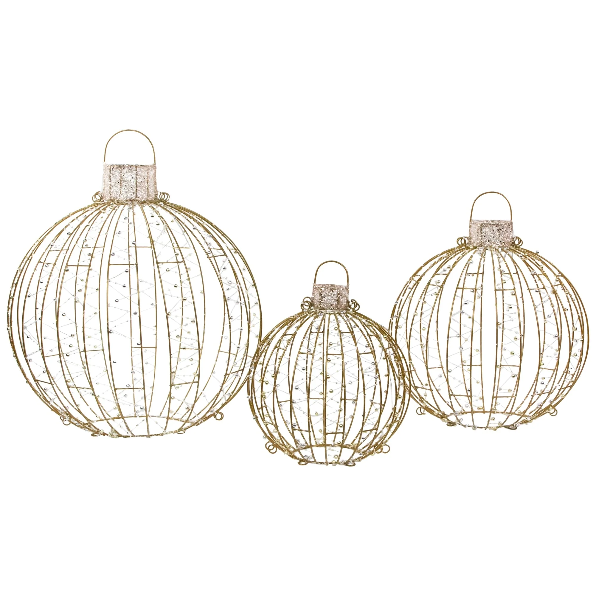 LED Lighted Hanging Ornaments Outdoor Christmas Decoration - Set of 3 - Gold