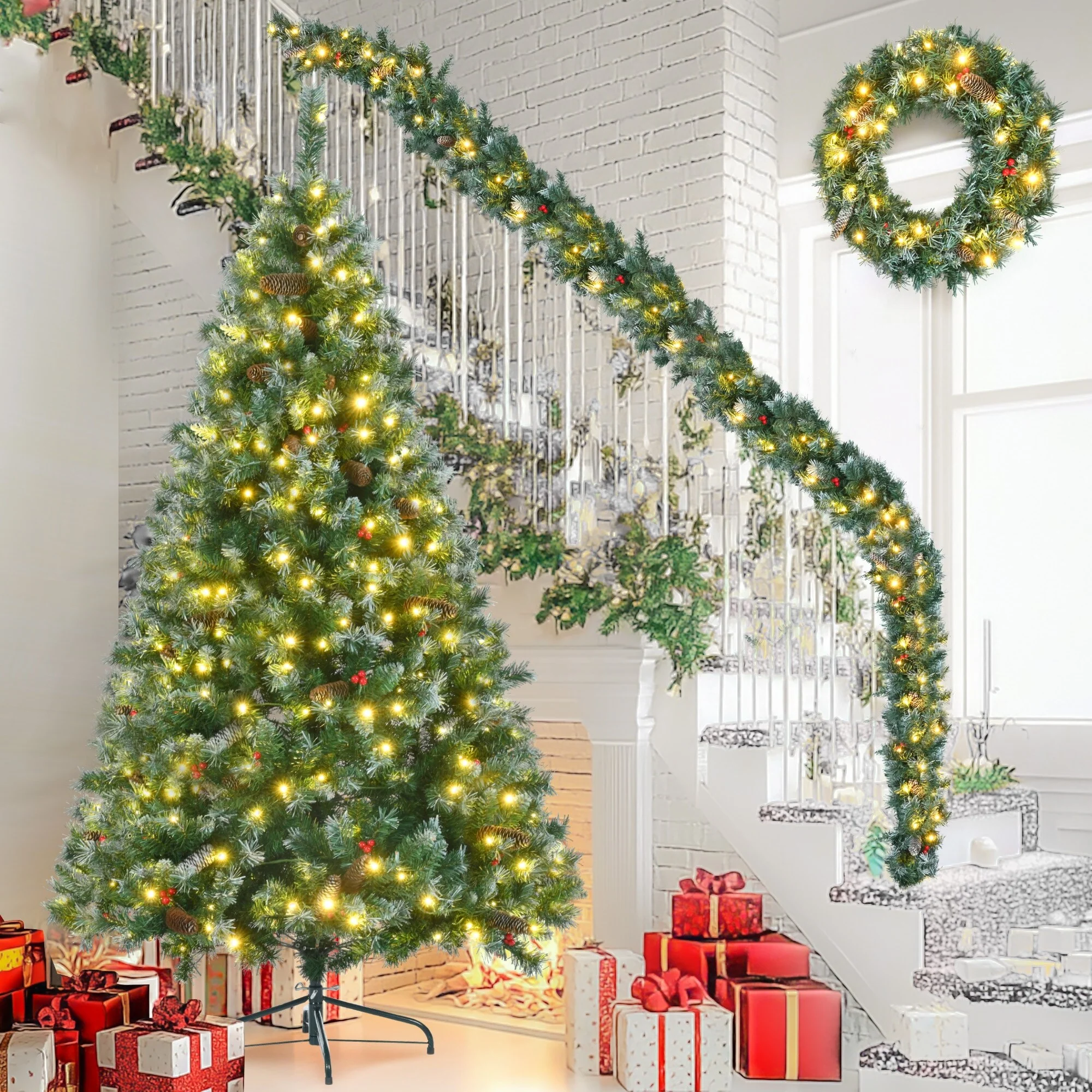 6FT Dark Green Pine Christmas Tree,Pre-Lit Set with Tree & Garland & Wreath,with White Tips,Red Berries and Pine Cones - N/A